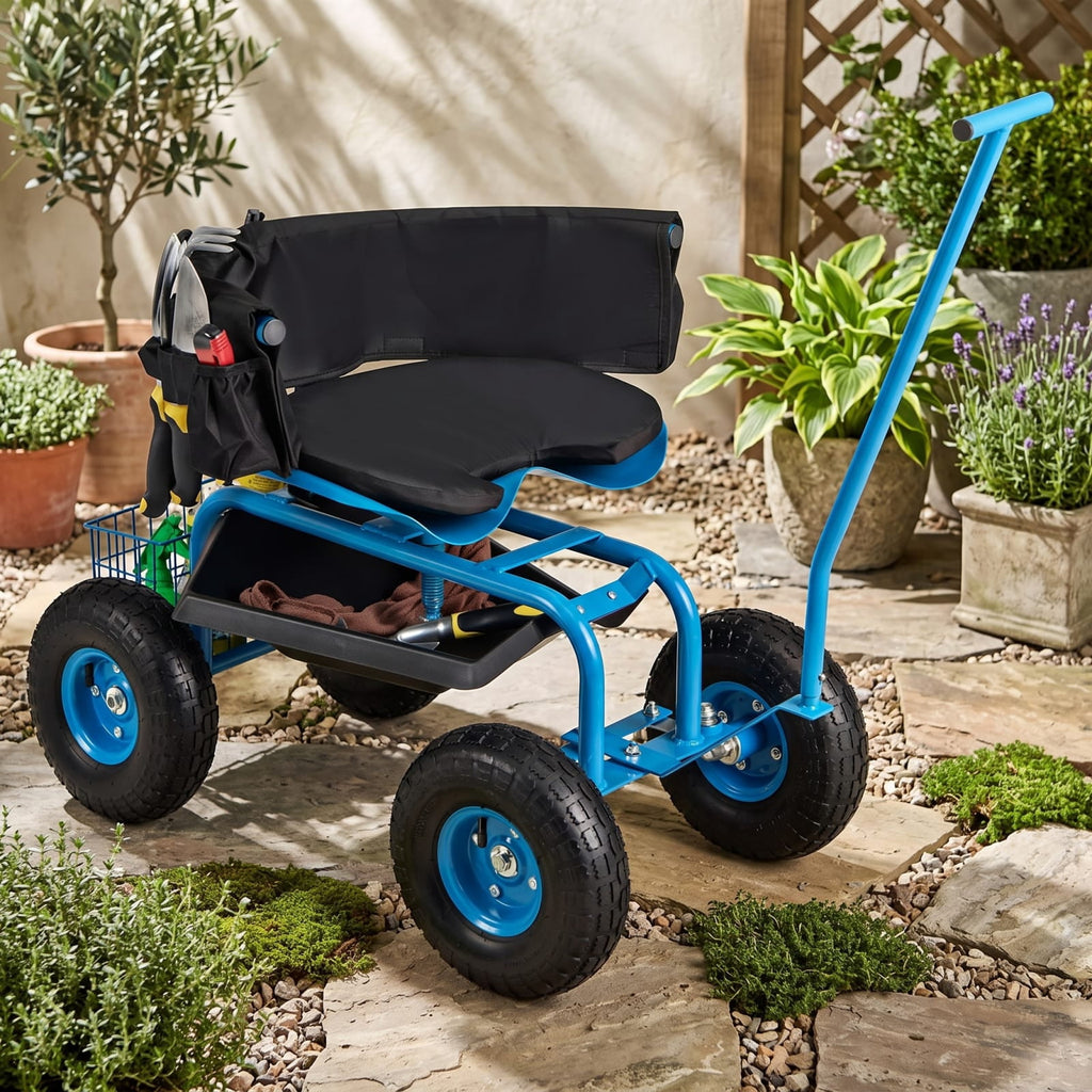 Biotree 330Lbs Rolling Garden Cart with 360¡ã Height Adjustable Swivel Seat, Garden Scooter with Storage Basket, Tool Tray for Weeding Planting Gardening Blue
