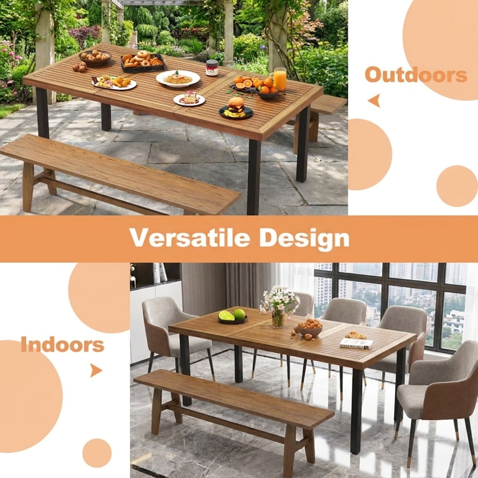 Biotree 79 Inch Acacia Wood Dining Table 8-Person Patio Table with 1.9 Inch Umbrella Hole and Adjustable Foot PadsNatural Black