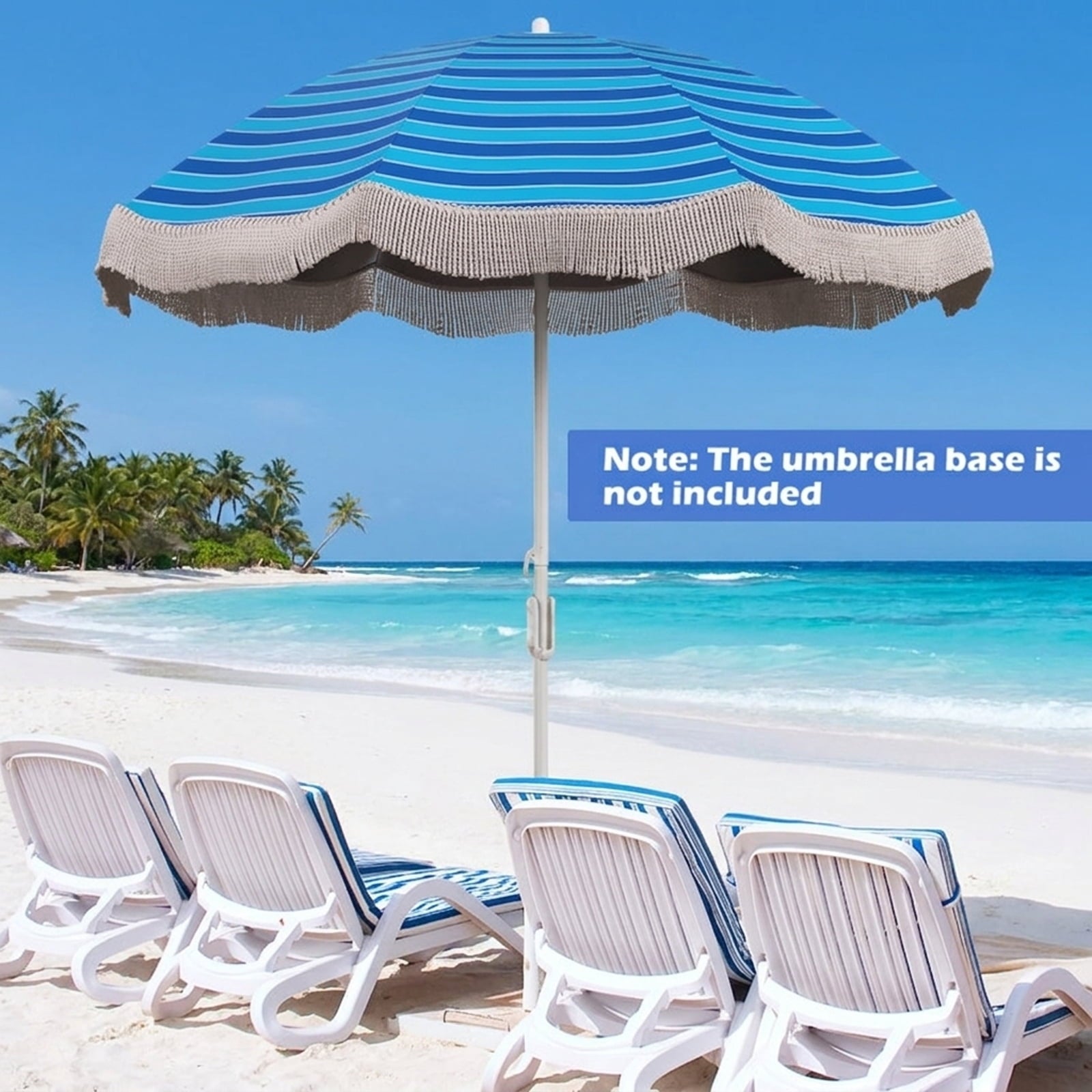 Biotree 6 ft Beach Tassel Fringe Patio Umbrella Crank Tilt Outdoor Shade - Blue - UV Protection with Cross Base
