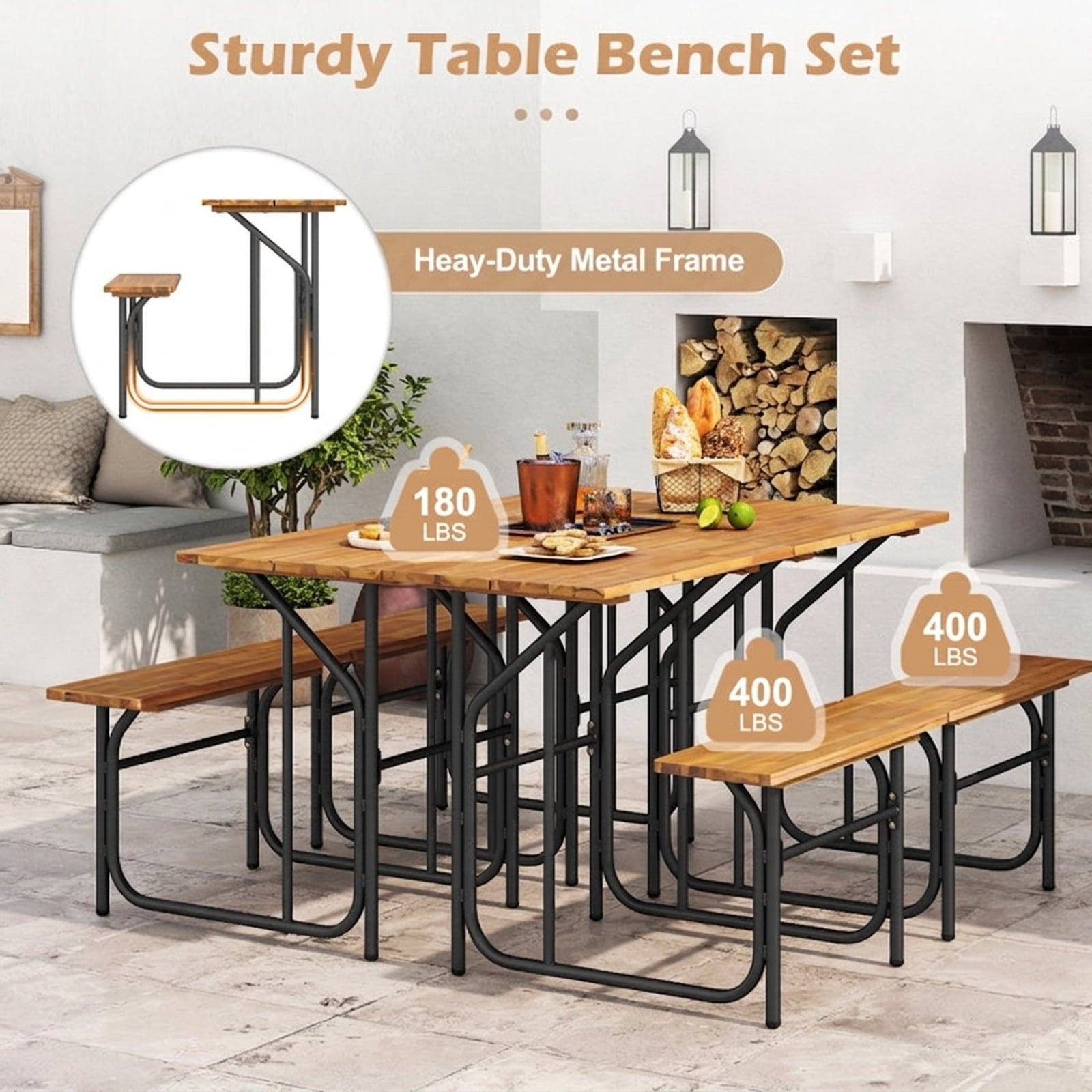 Biotree Acacia Wood Patio Table Bench Set One-Side Picnic Table and Seat, Black