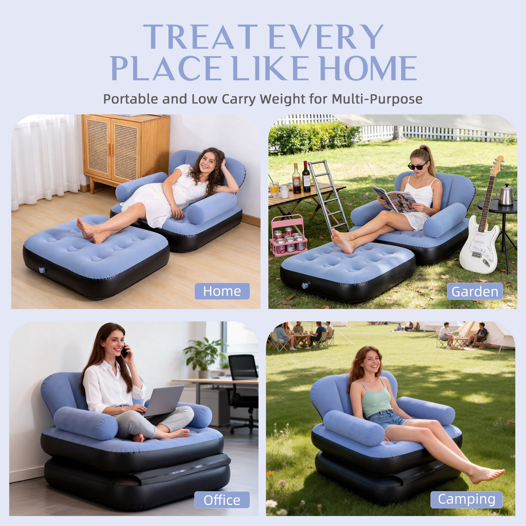Biotree Inflatable Sofa Bed, 5-in-1 Foldable Thickened Flocked PVC Blow up Sofa with 2 Pumps, Air Couch Mattress for Camping,Blue