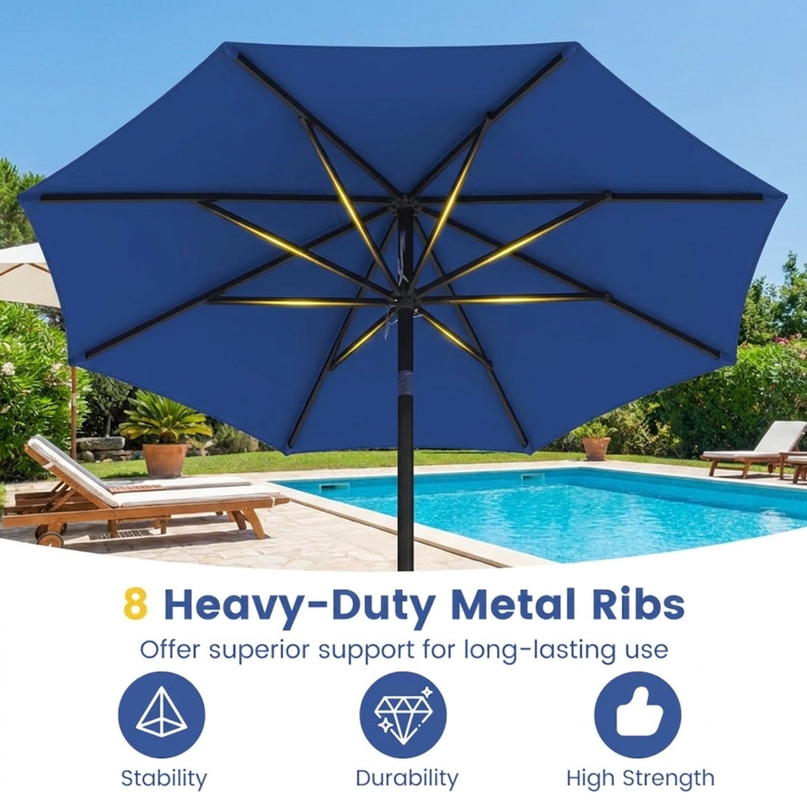 Biotree 9 ft Market Patio Umbrella with Crank and Tilt, 8 Sturdy Ribs, Vented Canopy - Navy Blue for Backyard