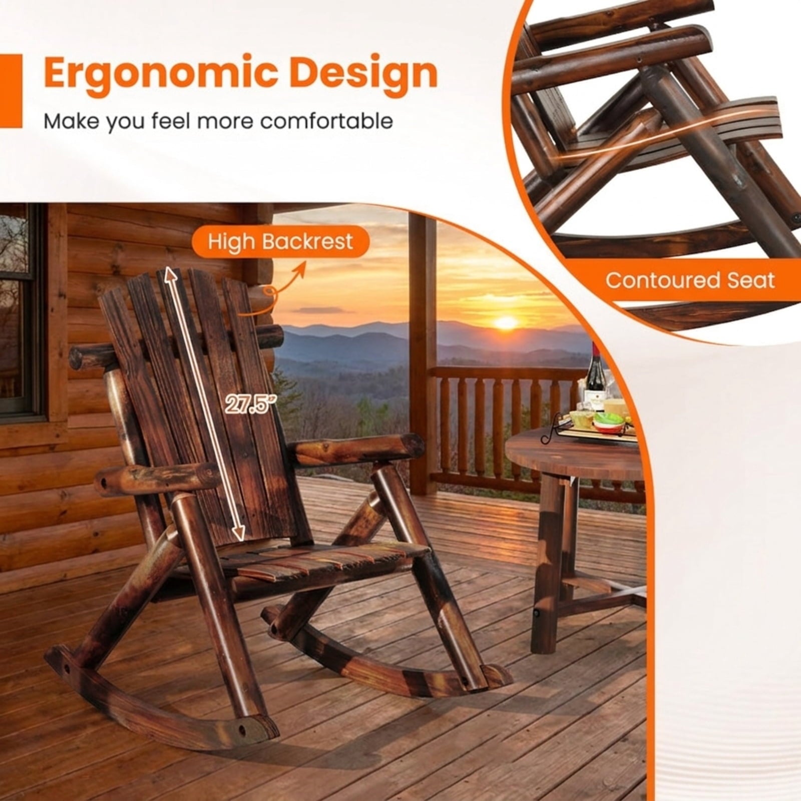 Biotree Outdoor Adirondack Rocking Chair for Adults Solid Wood Porch Rocker Stackable Patio Chair for Garden BackyardBrown