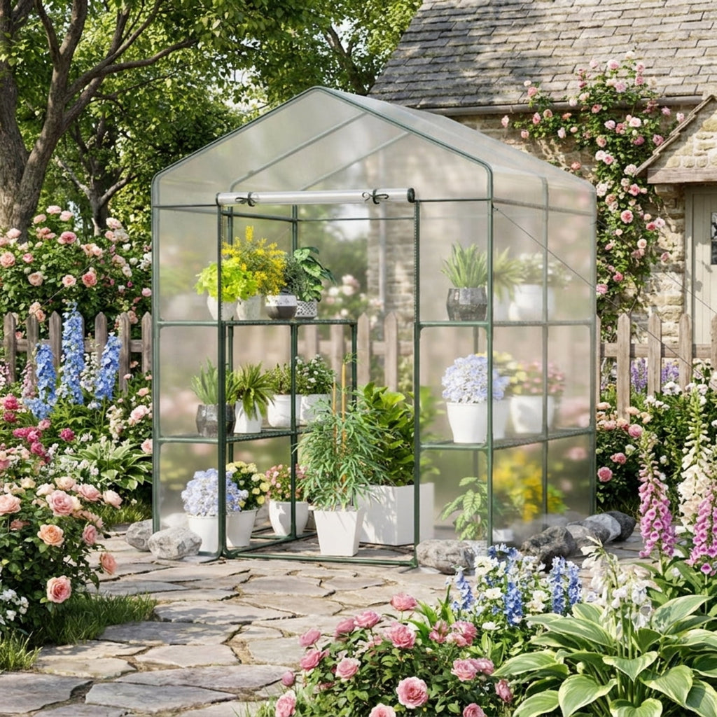 Biotree Walk-in Greenhouse with 3 Tiers 8 Shelves PVC Cover Roll for Outdoor Garden Backyard Patio Vegetables Flowers, Transparent