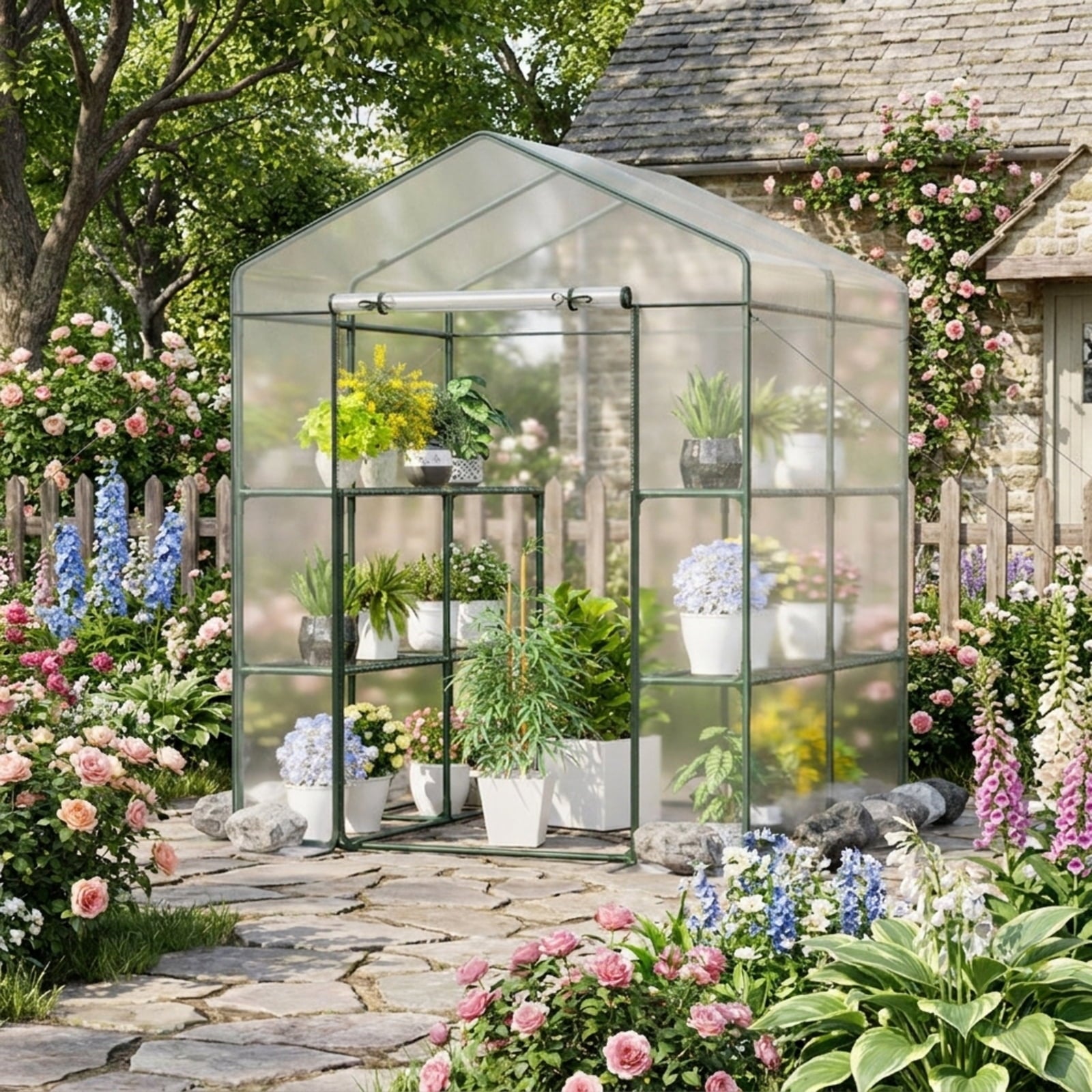 Biotree Walk-in Greenhouse with 3 Tiers 8 Shelves PVC Cover Roll for Outdoor Garden Backyard Patio Vegetables Flowers, Transparent