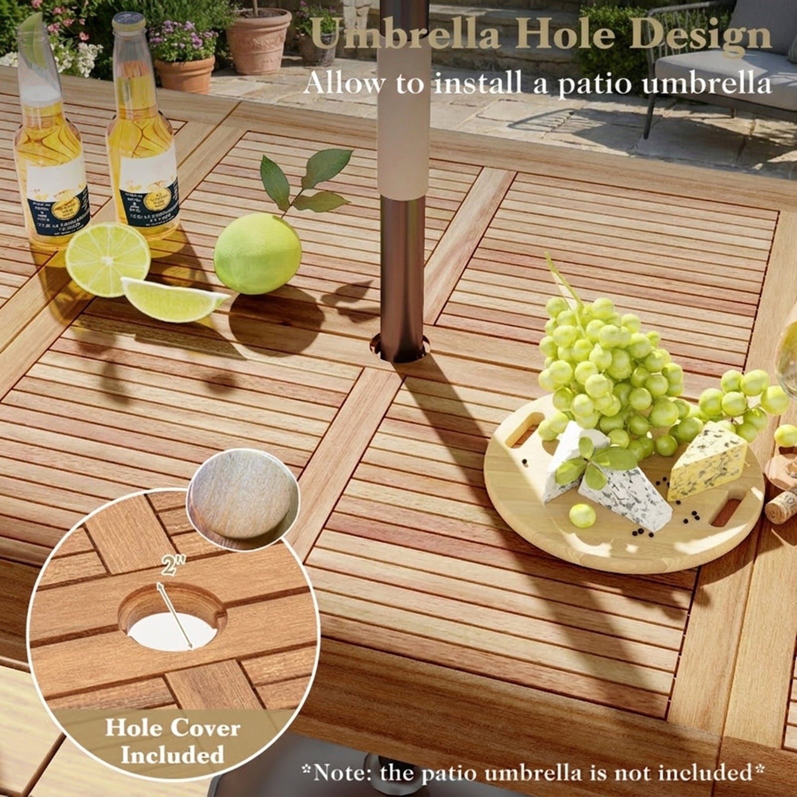 Biotree 86.5 Inch Rectangular Patio Dining Table for 8 with Acacia Wood Tabletop and Umbrella Hole-86.5 inches, Natural