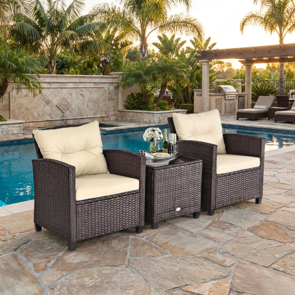 Biotree 3 Pcs Patio Rattan Furniture Set Cushioned Conversation Set Coffee Table Outdoor Conversation Set for Garden Backyard PorchBeige