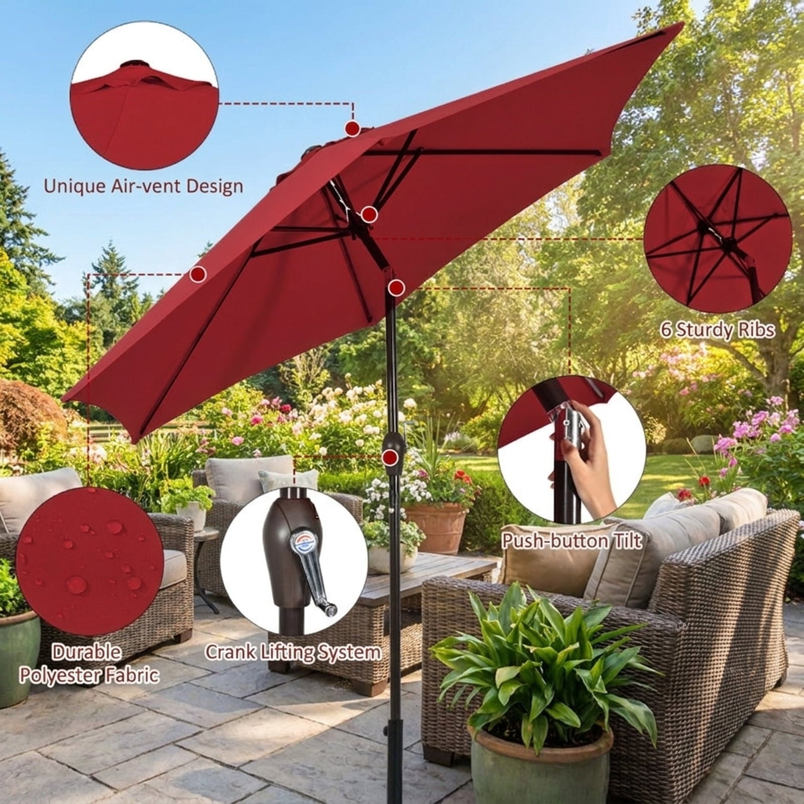 Biotree 9 ft Market Patio Umbrella with Crank and Tilt, 8 Sturdy Ribs, Vented Canopy - Burgundy for Backyard