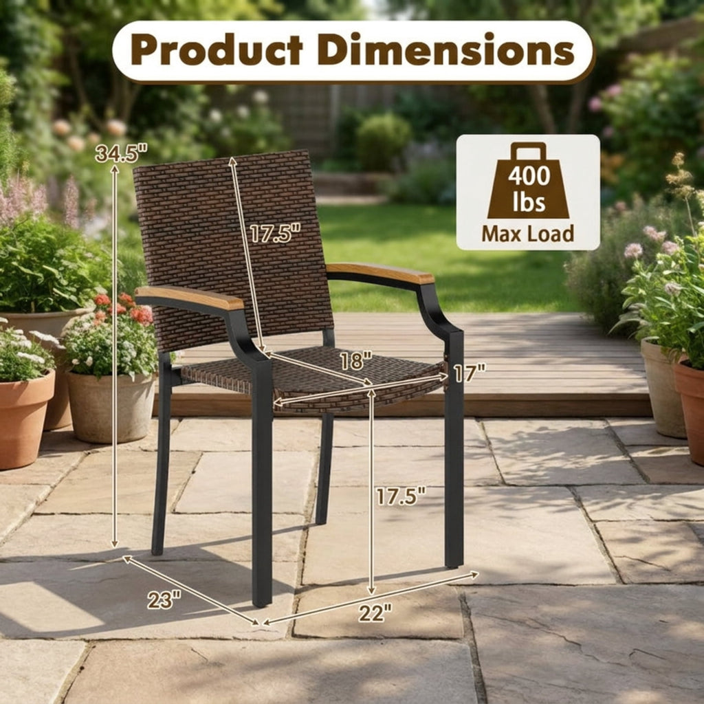 Biotree Stacking Wicker Chairs Set of 2 Patio Rattan Dining Chairs with Acacia Wood ArmrestsMix Brown