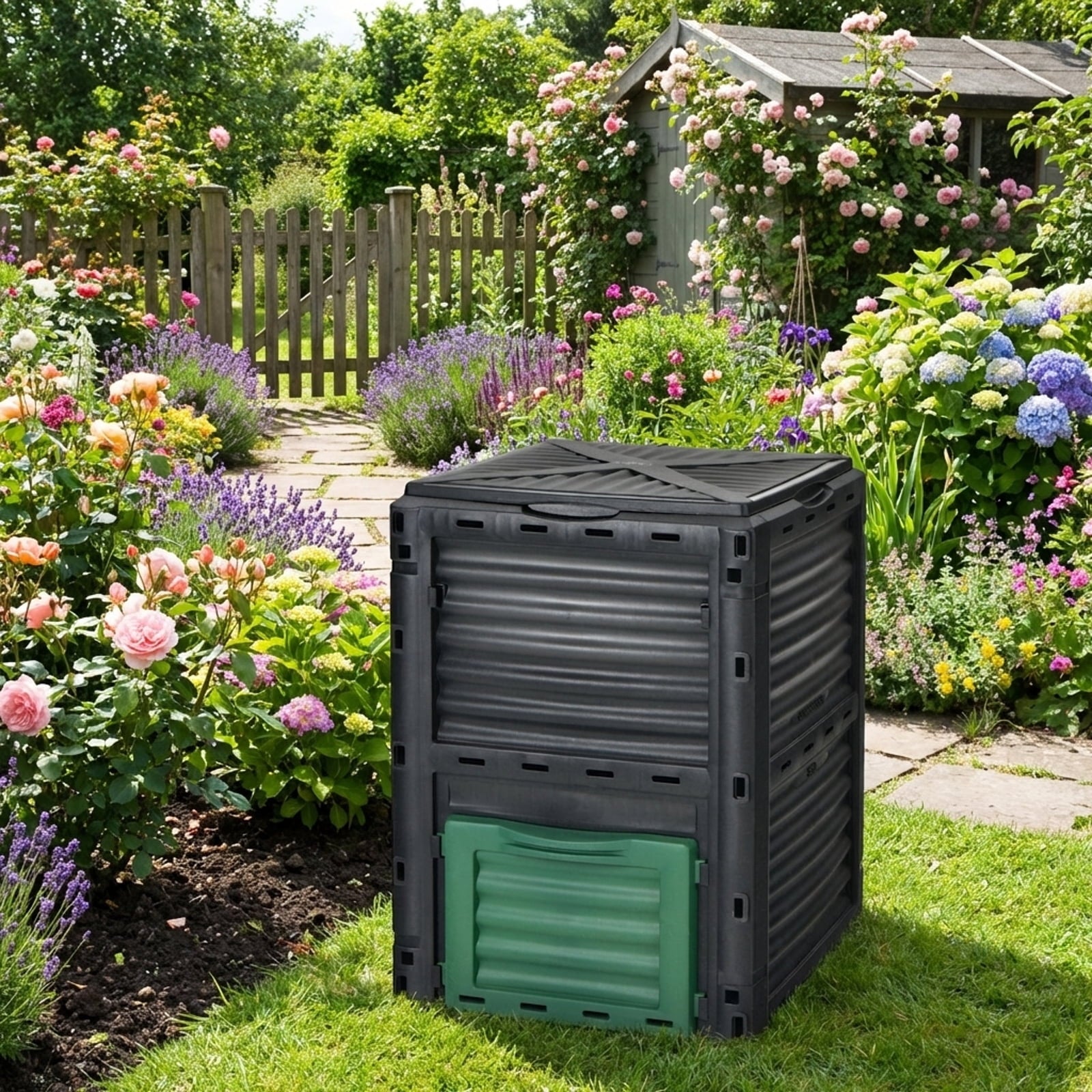 Biotree 80-Gallon Outdoor Composter with Large Openable Lid and Bottom Exit Door-Green Garden Organic