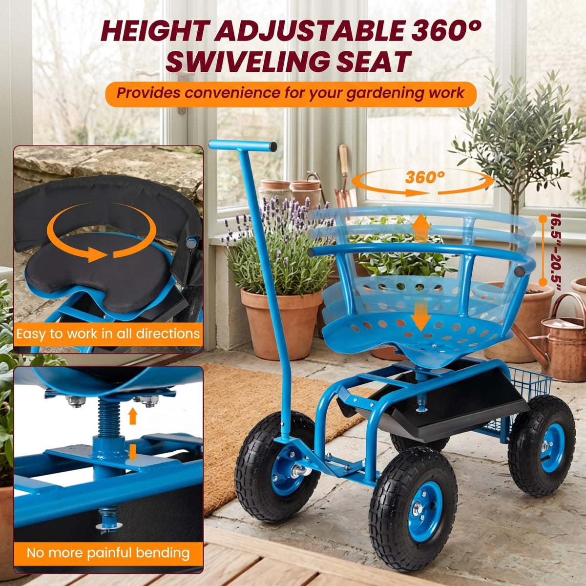 Biotree 330Lbs Rolling Garden Cart with 360¡ã Height Adjustable Swivel Seat, Garden Scooter with Storage Basket, Tool Tray for Weeding Planting Gardening Blue