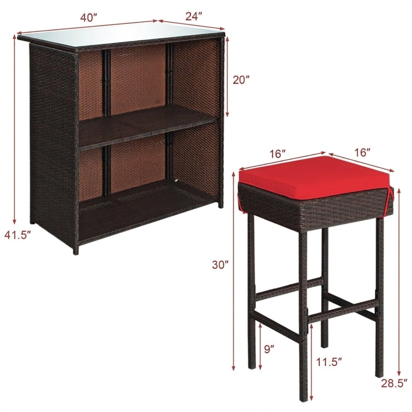 Biotree 3-Piece Patio Rattan Bar Set with Glass Table and Cushioned Stools, Red - Outdoor Patio Bar Height Furniture Set for Deck Garden