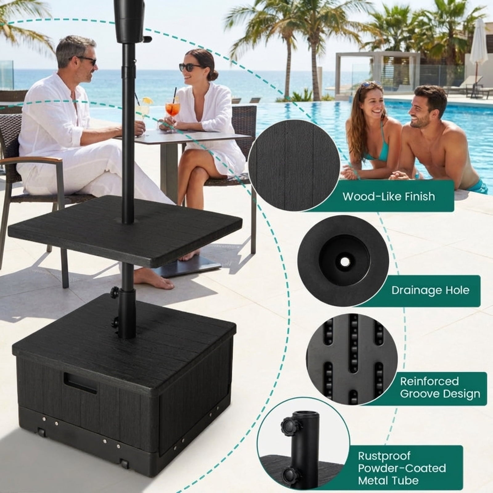 Biotree 175 LBS Outdoor Fillable Umbrella Base with Table Tray-Black - Heavy Duty Outdoor Patio Stand