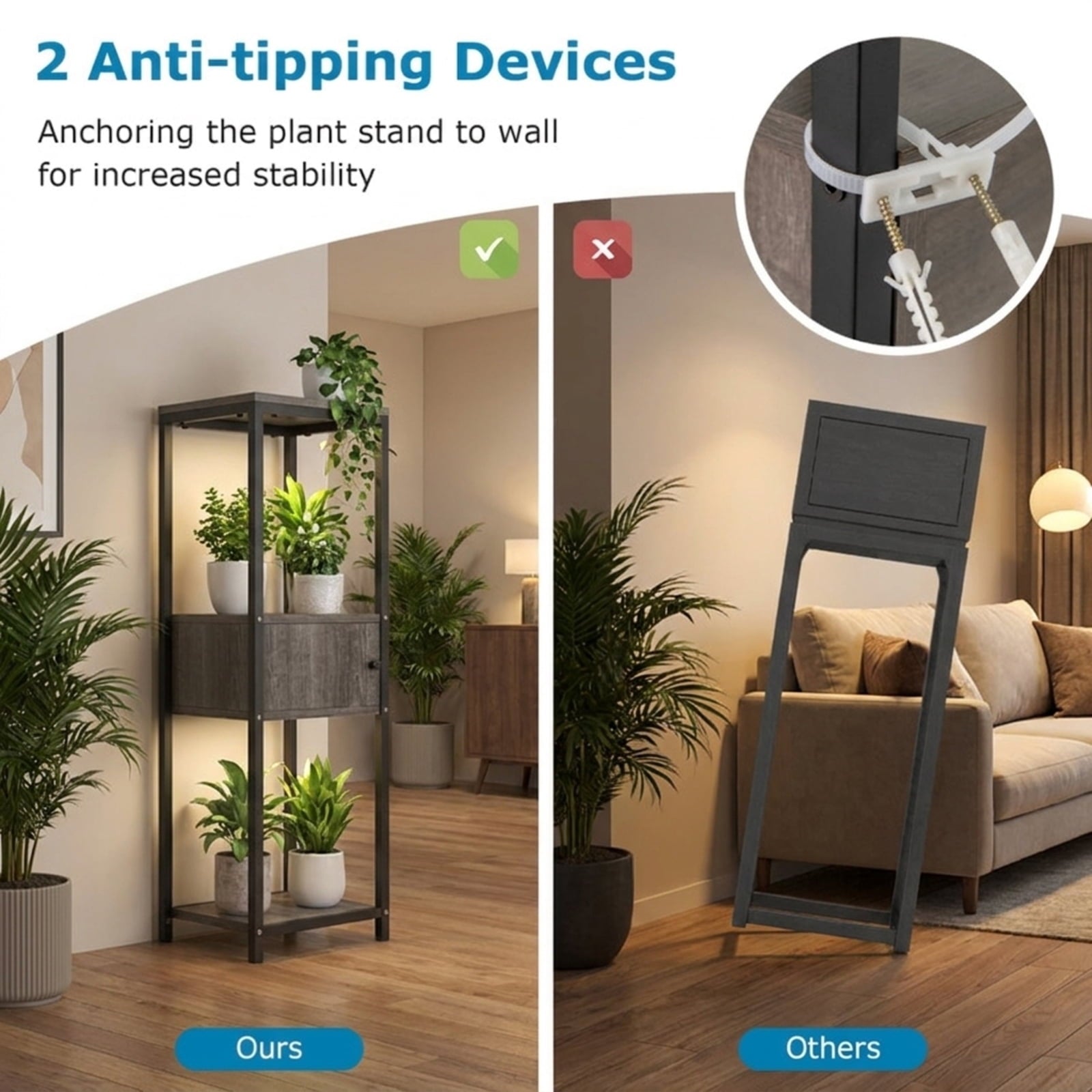 Biotree 2 Pack 3 Tier Tall Metal Plant Stand with Drawer and Display Shelf for Indoor Outdoor Patio Balcony Garden, Gray