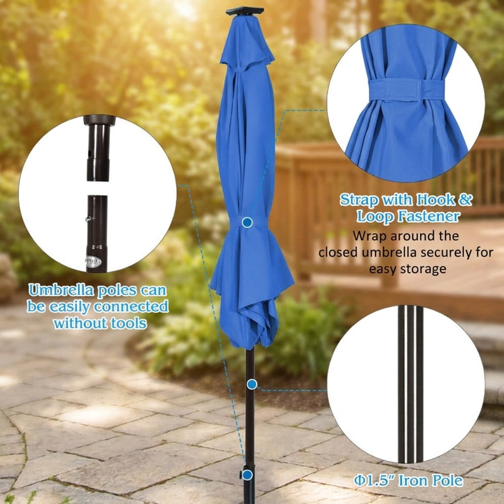 Biotree 9 ft Solar LED Market Patio Umbrella with Crank and Tilt, 6 Sturdy Ribs, Vented Canopy - Navy Blue
