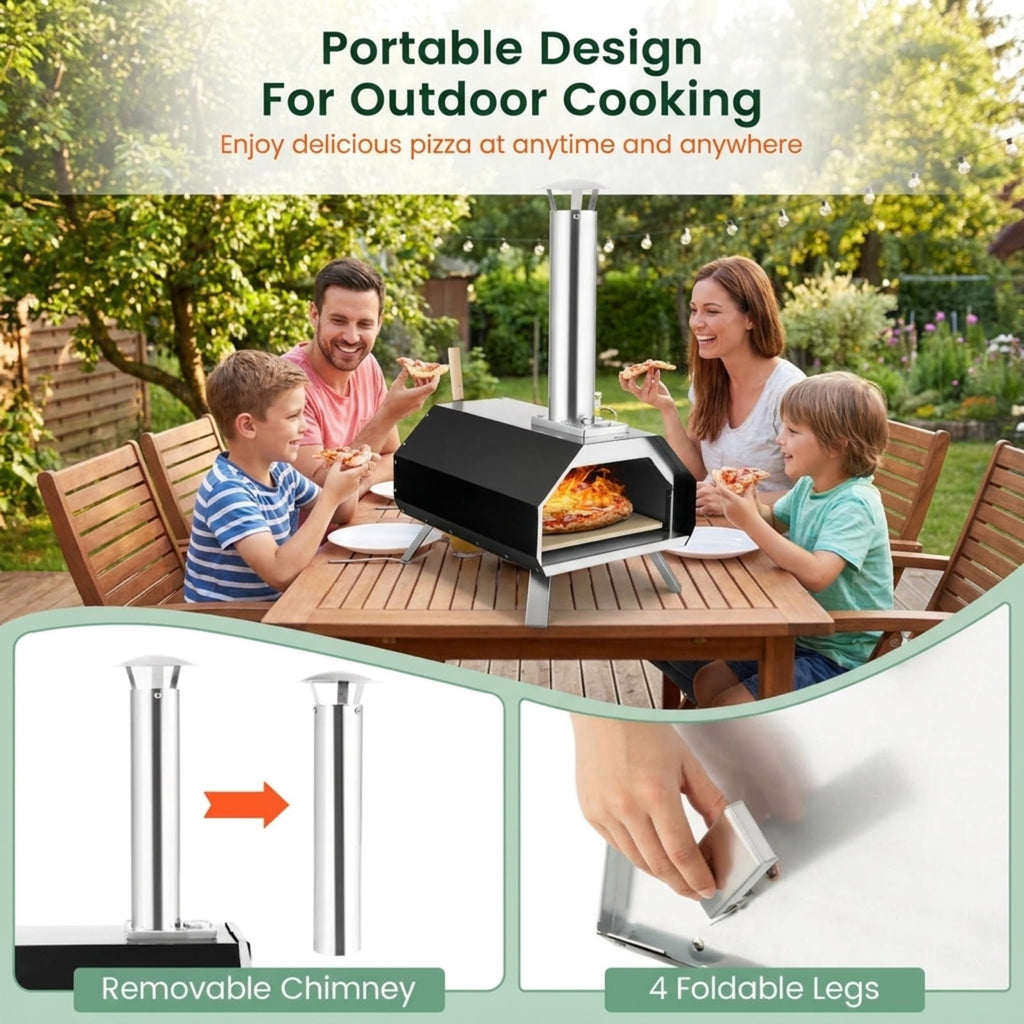 Biotree Outdoor Pizza Oven with Pizza Stone and Foldable Legs for Camping for Outdoor Backyard Camping Patio BBQ, Black