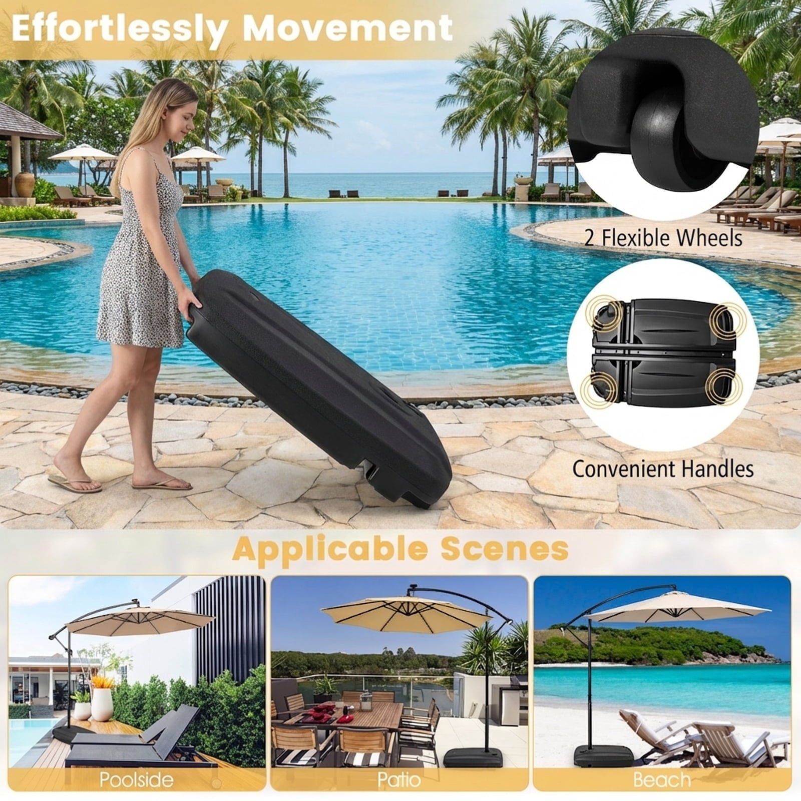 Biotree Fillable Universal Offset Umbrella Base with Cross Base and Wheels-Black Hanging Deck Garden