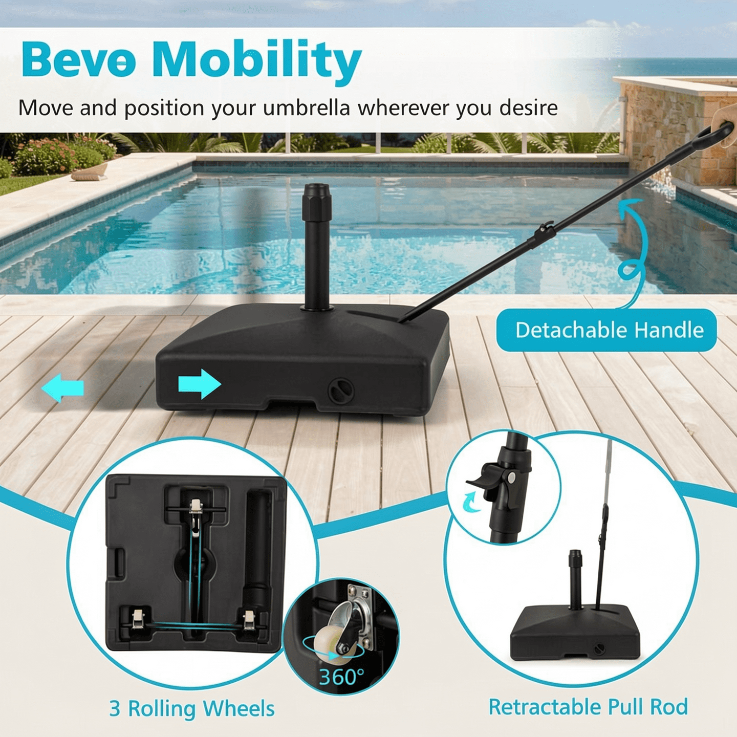 Biotree Mobile Patio Umbrella Base Water Sand Fillable Market Table Umbrella Stand with 3 Wheels-Black