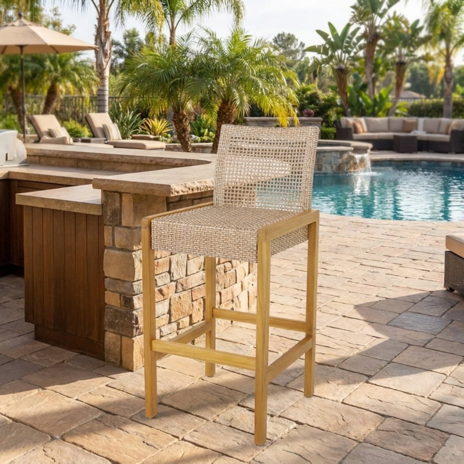 Biotree Set of 2 Rattan Patio Wood Barstools Dining Chairs with Backrest-Set of 2 Stackable Patio Chair for Garden BackyardLight Brown
