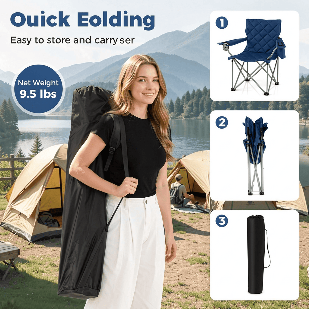 Biotree Heavy Duty Oversized Folding Camping Chair with Cooler Pouch and Cup Holder 500 lb Capacity Portable Outdoor Chair, Navy Blue