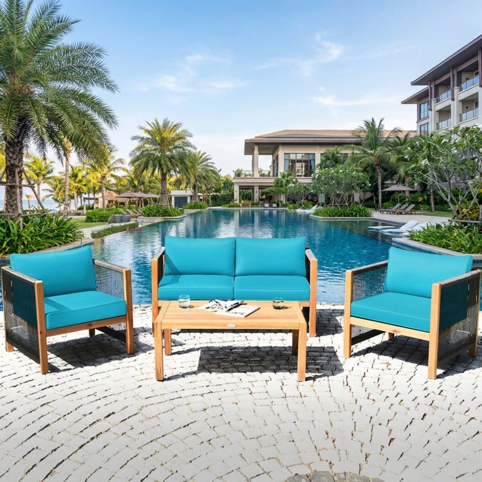 Biotree 4 Pieces Acacia Wood Outdoor Patio Furniture Set with Cushions Outdoor Conversation Set for Garden Backyard PorchTurquoise