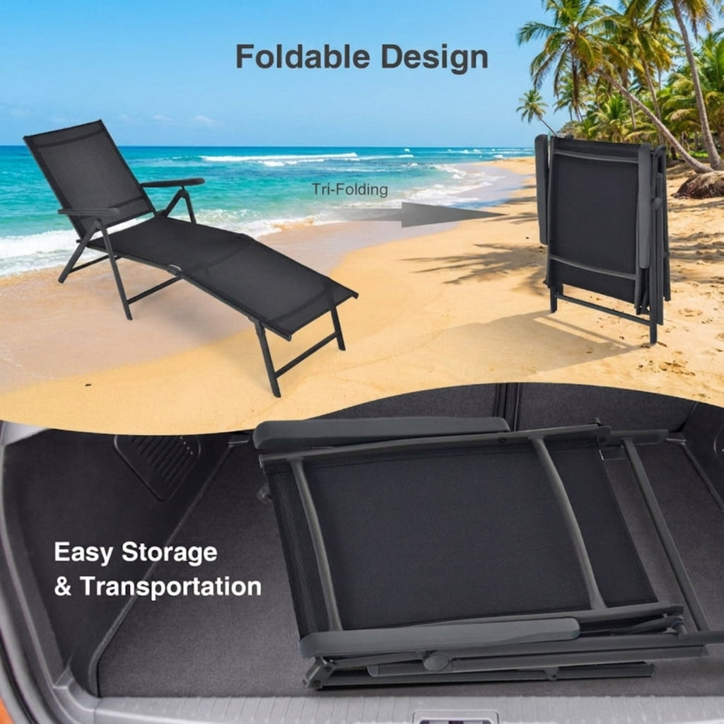Biotree 2 Pieces Foldable Chaise Lounge Chair with 2-Position Footrest Stackable Patio Chair for Garden BackyardBlack