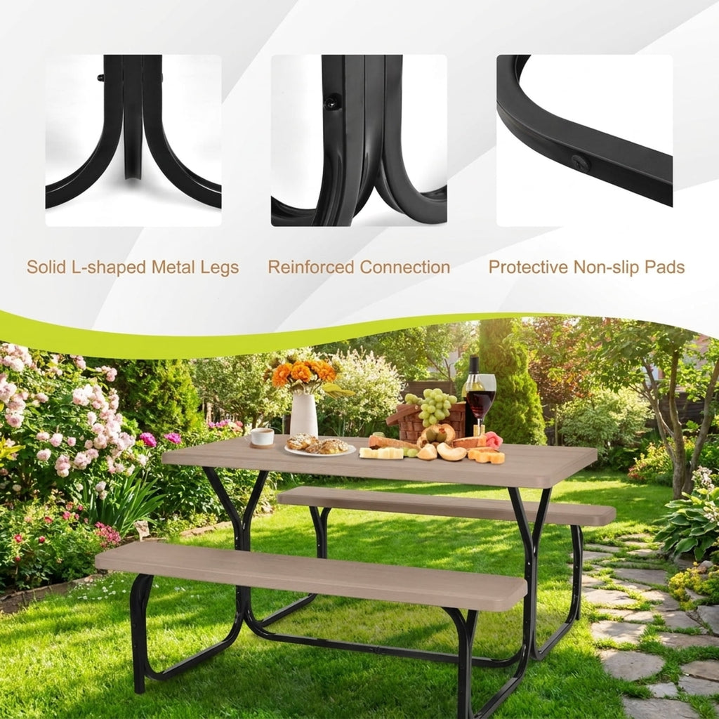 Biotree HDPE Outdoor Picnic Table Bench Set with Metal Base, Coffee