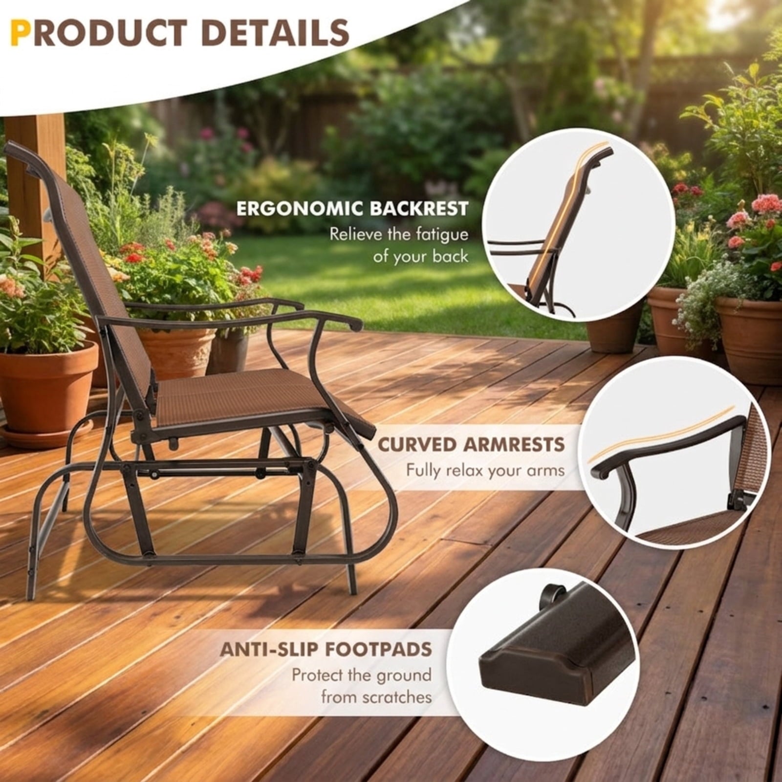 Biotree 2-Person Patio Glider Bench with High Back and Curved Armrests Stackable Patio Chair for Garden BackyardBrown