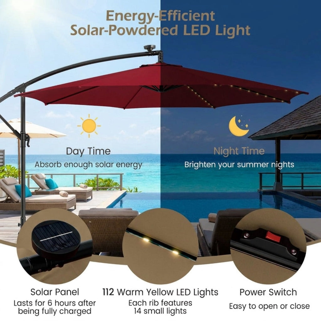 Biotree 10 ft Cantilever Offset Patio Umbrella Solar LED Lights Outdoor Shade - Red - UV Protection with Cross Base