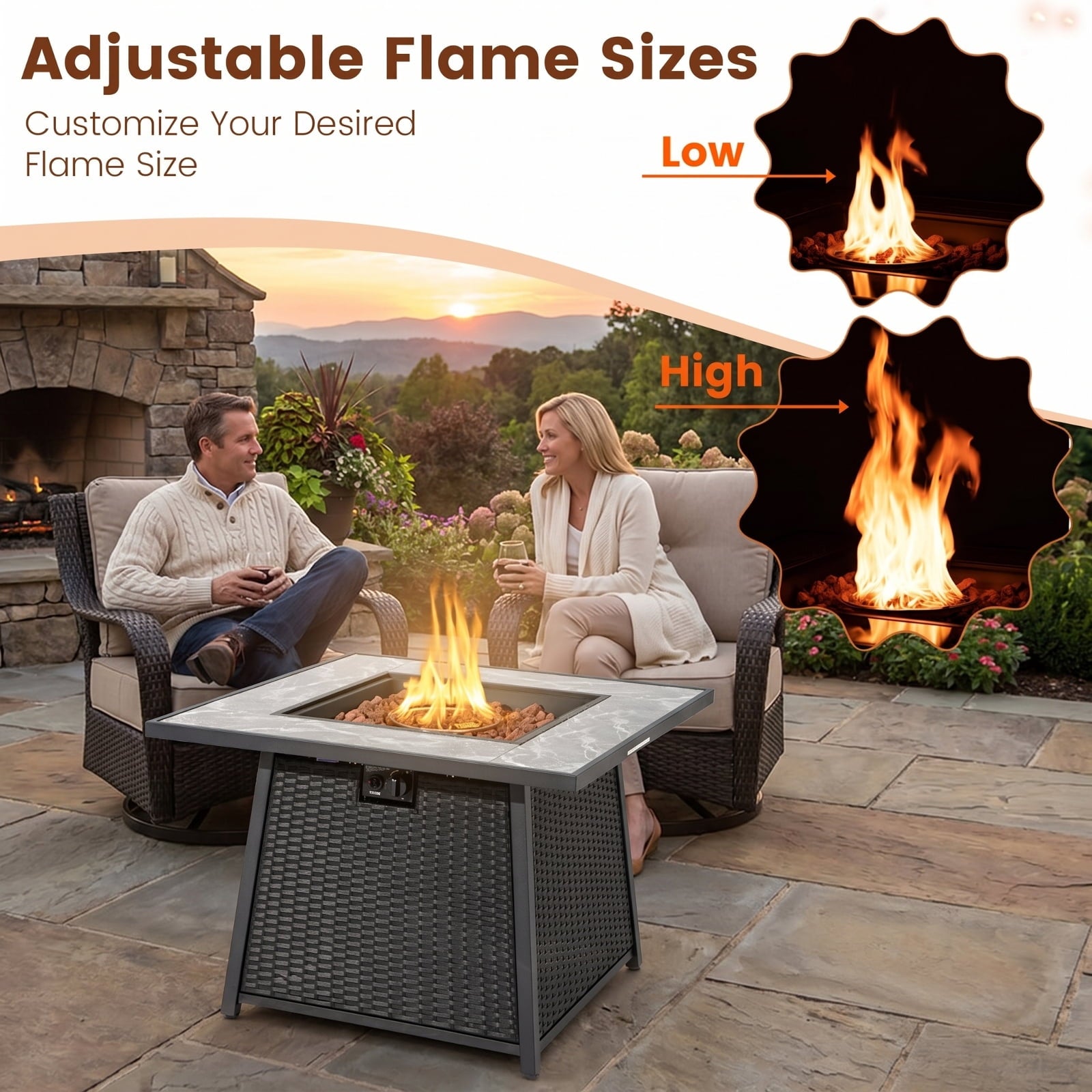 Biotree 35 Inch Propane Gas Fire Pit Table Wicker Rattan with Lava Rocks PVC Cover for Outdoor Patio Backyard Garden Camping, Black