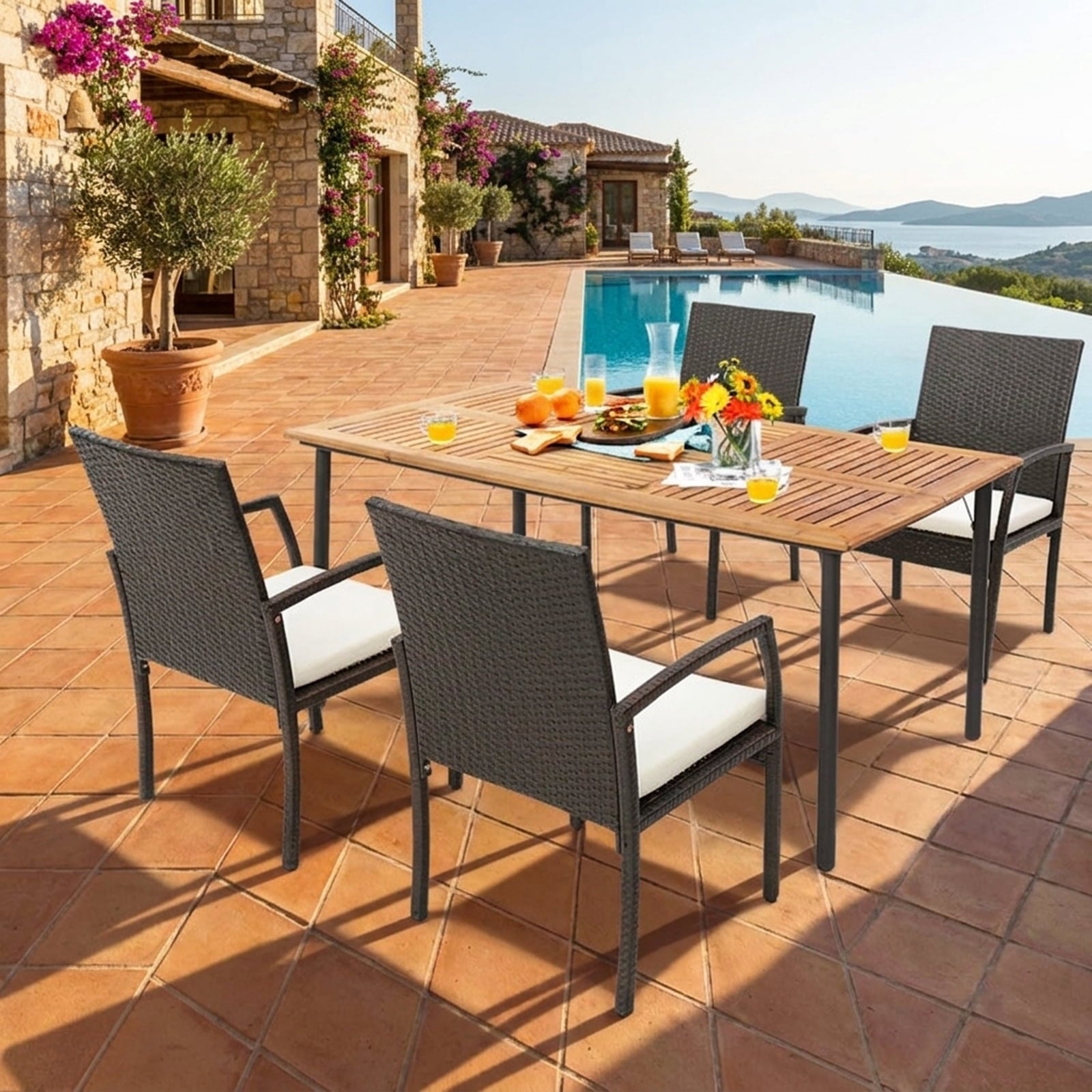 Biotree 63-Inch Patio Acacia Wood Dining Table with Umbrella Hole and Metal Legs, Black