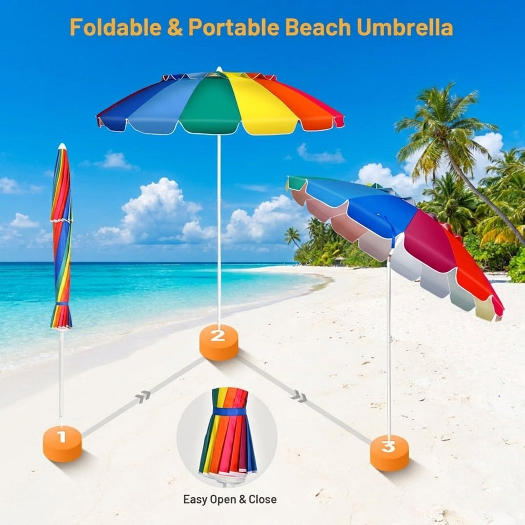 Biotree 8.0 ft Portable Beach Umbrella with Carrying Bag, 16 Ribs, Sand Tilt Mechanism - Multicolor for Backyard