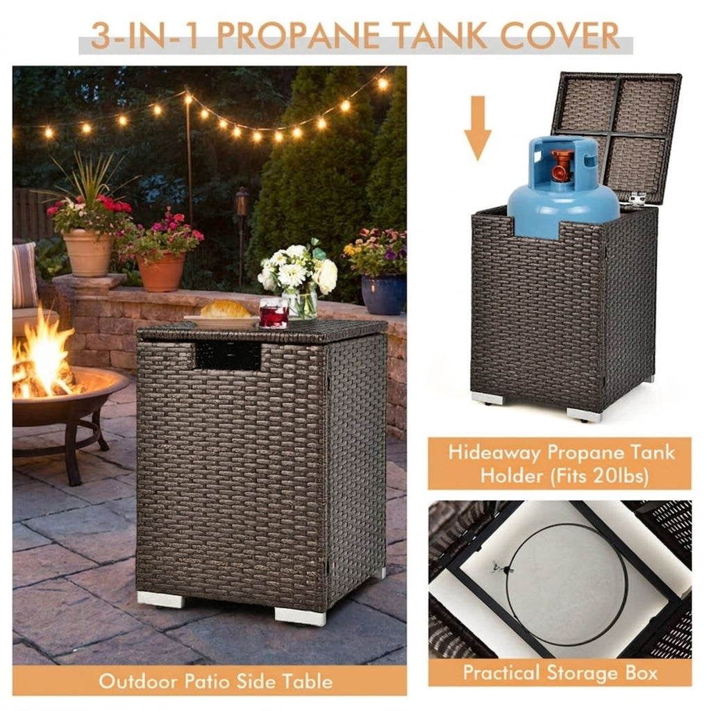 Biotree 32 x 20 Inch Propane Rattan Fire Pit Table Set with Side Table Tank and Cover for Outdoor Patio Backyard Garden Camping, Brown