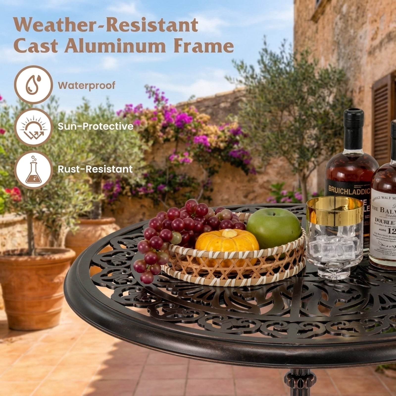 Biotree 27Inch Round Cast Aluminum Patio Bistro Table with Hollow Top, Walnut