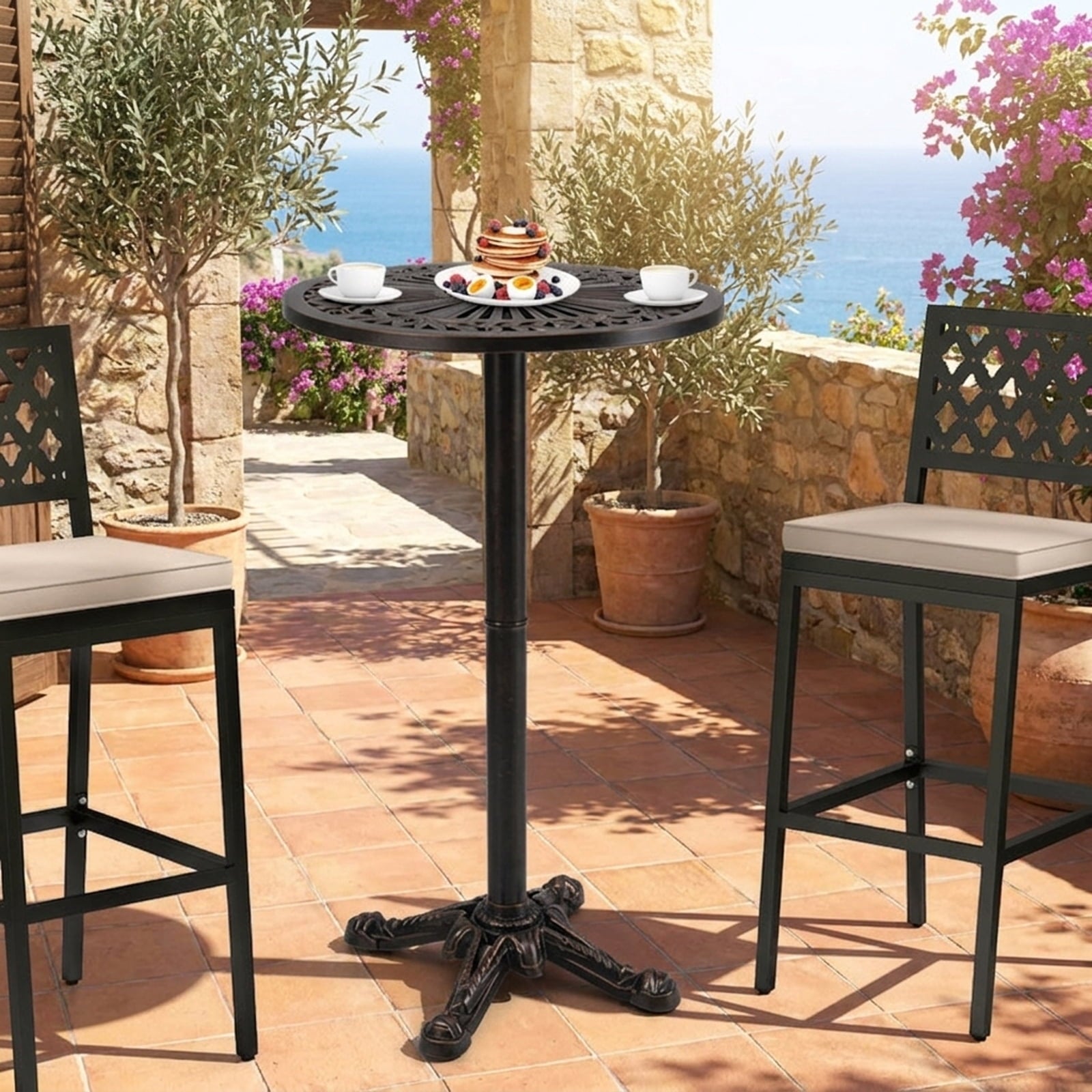 Biotree 41.5 Inch Patio Round Bar Table Cast Aluminum Bistro Table for Garden, Walnut