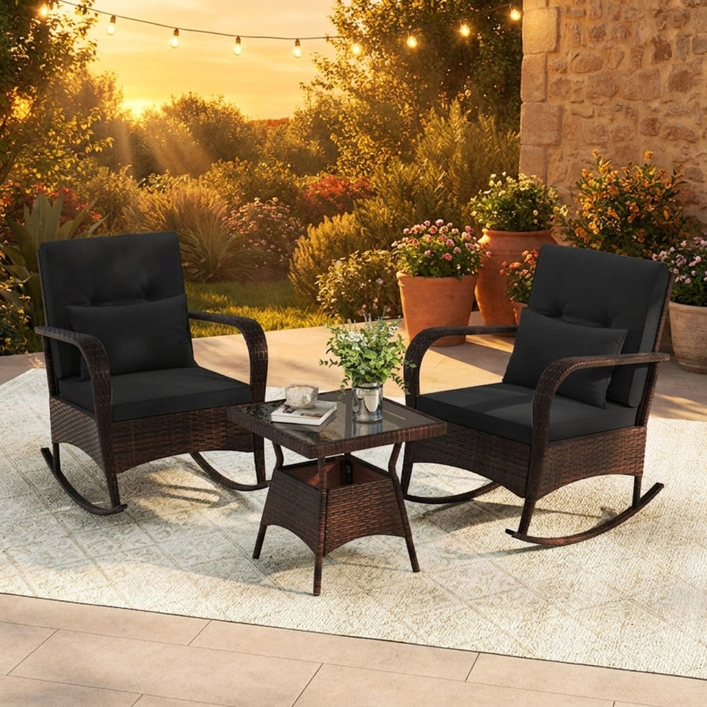 Biotree 3 Pieces Outdoor Rocking Set with Tempered Glass Coffee Table for Backyard Poolside Outdoor Conversation Set for Garden Backyard PorchBlack