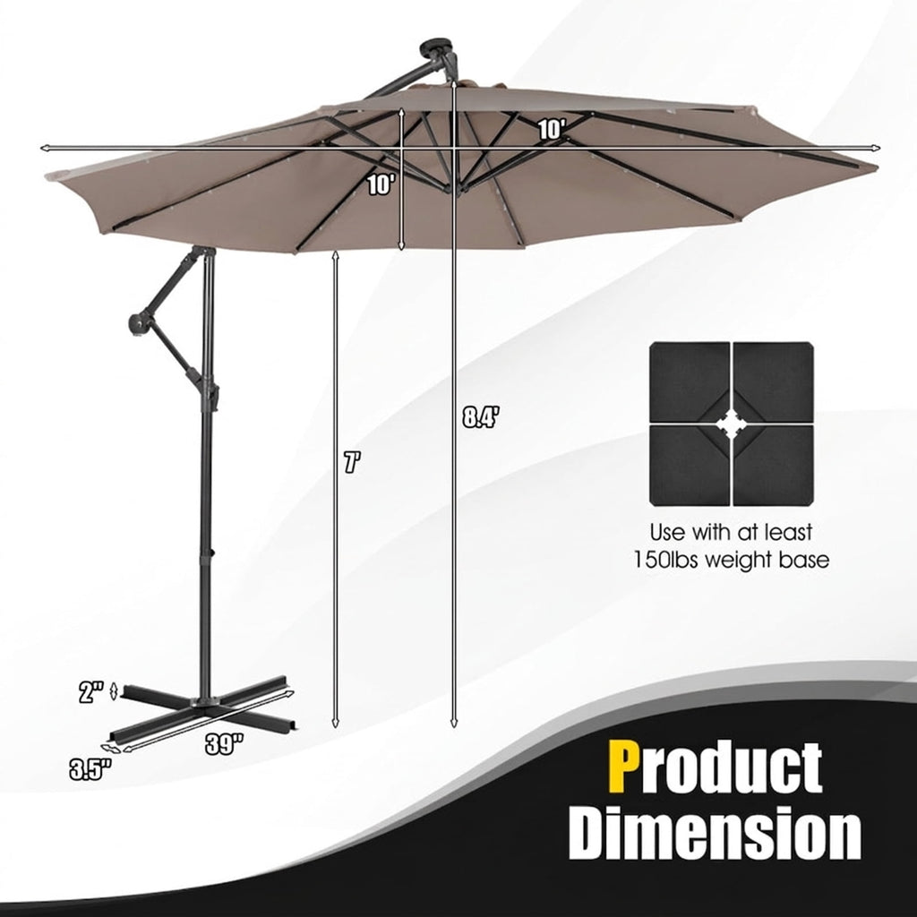 Biotree 10 ft Cantilever Offset Patio Umbrella Solar Powered Outdoor Shade - Brown - UV Protection with Cross Base