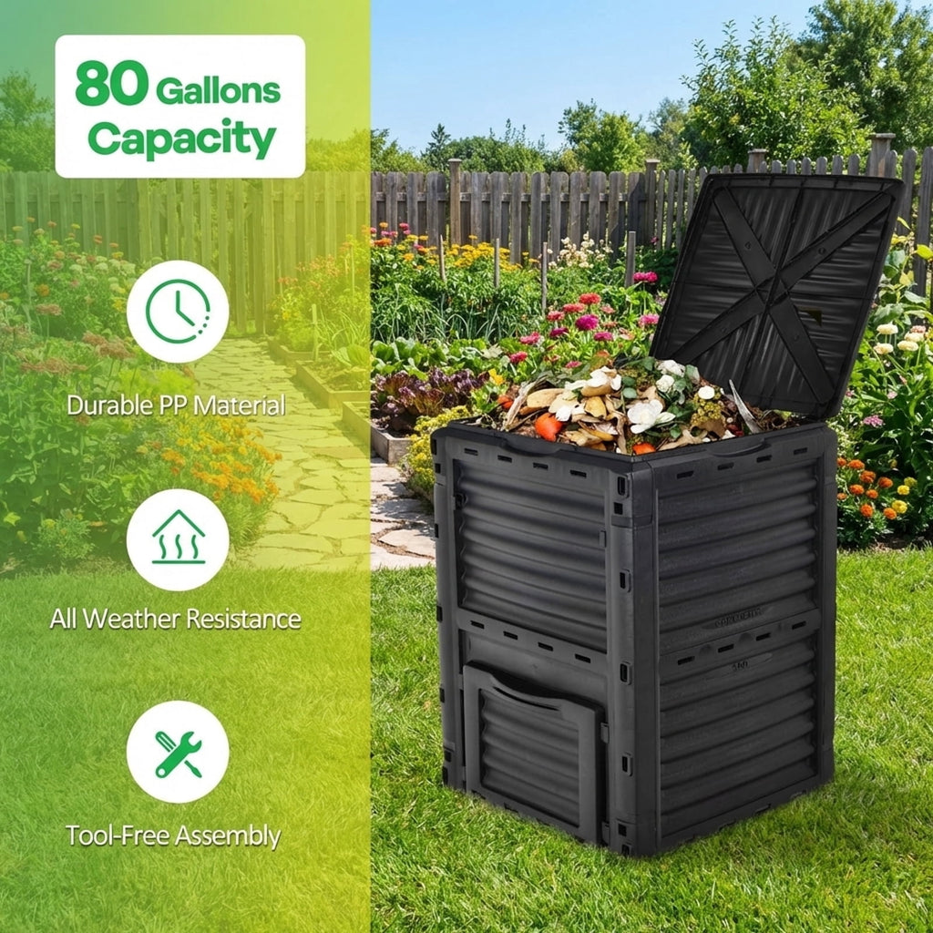Biotree 80-Gallon Outdoor Composter with Large Openable Lid and Bottom Exit Door-Black Garden Organic