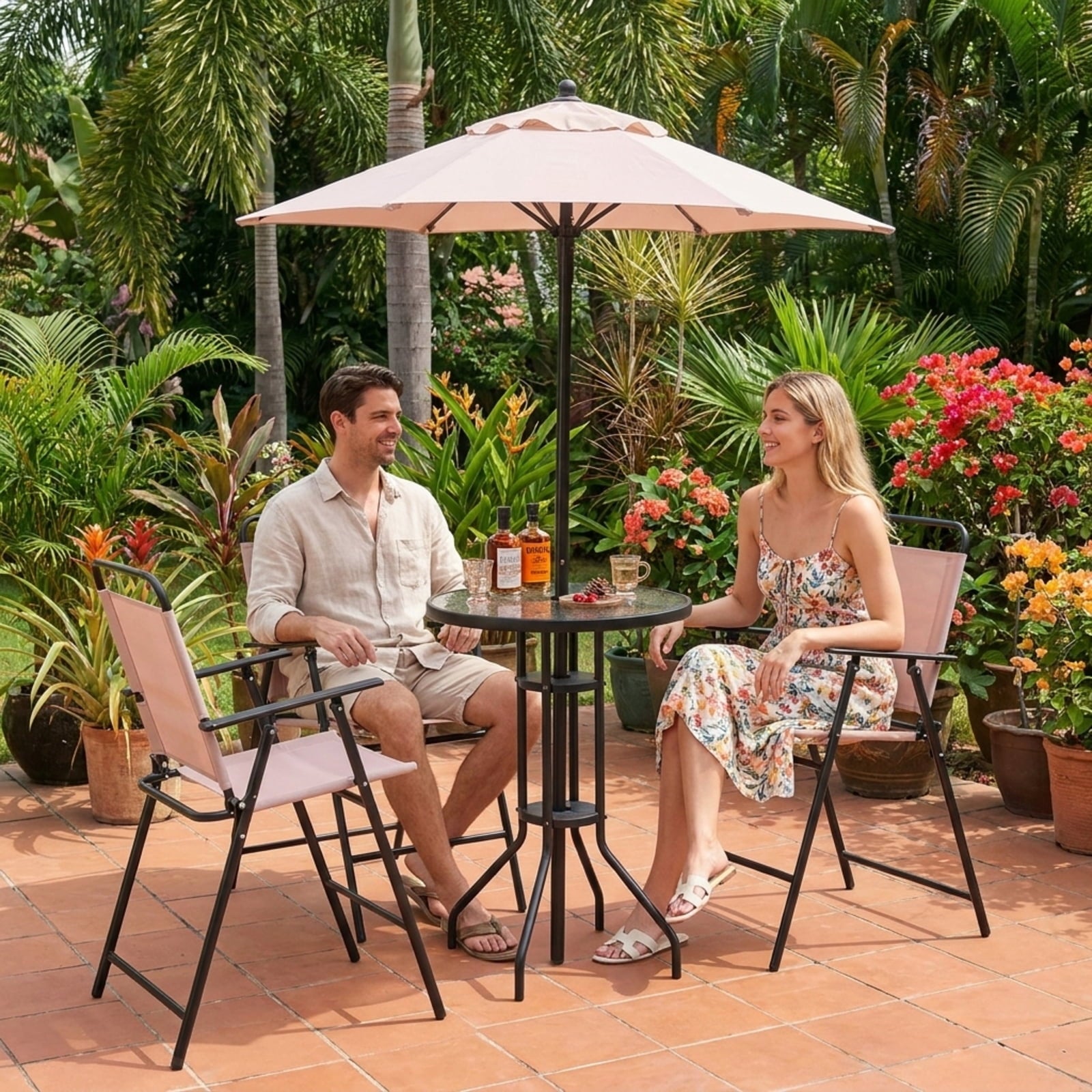 Biotree 4 Pieces Outdoor Bar Set with Umbrella for Patio Porch Garden Backyard Outdoor, Beige
