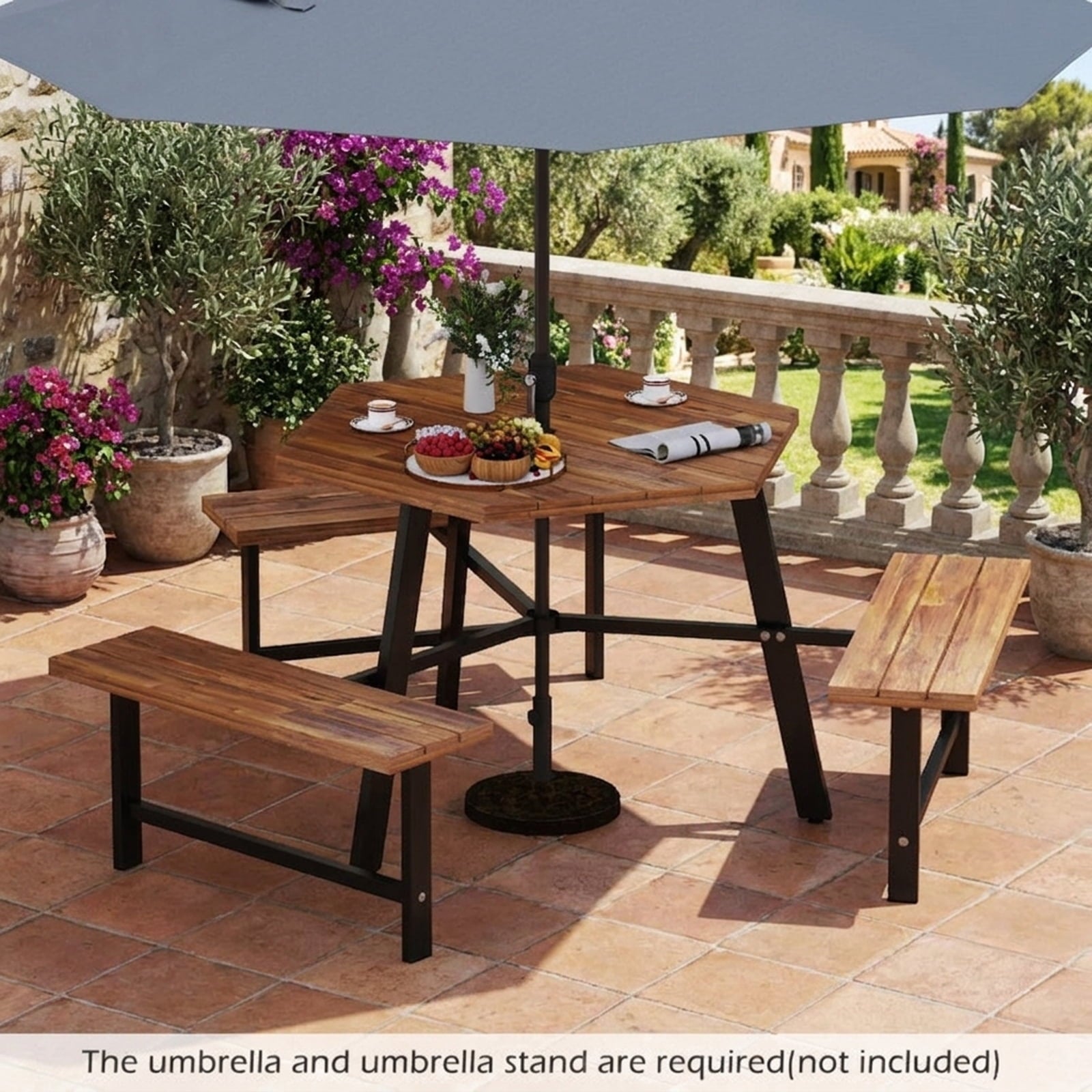 Biotree 75-Inch 6 Person Acacia Wood Picnic Table Bench Set with 3 Seats with 1.97" Umbrella Hole, Black