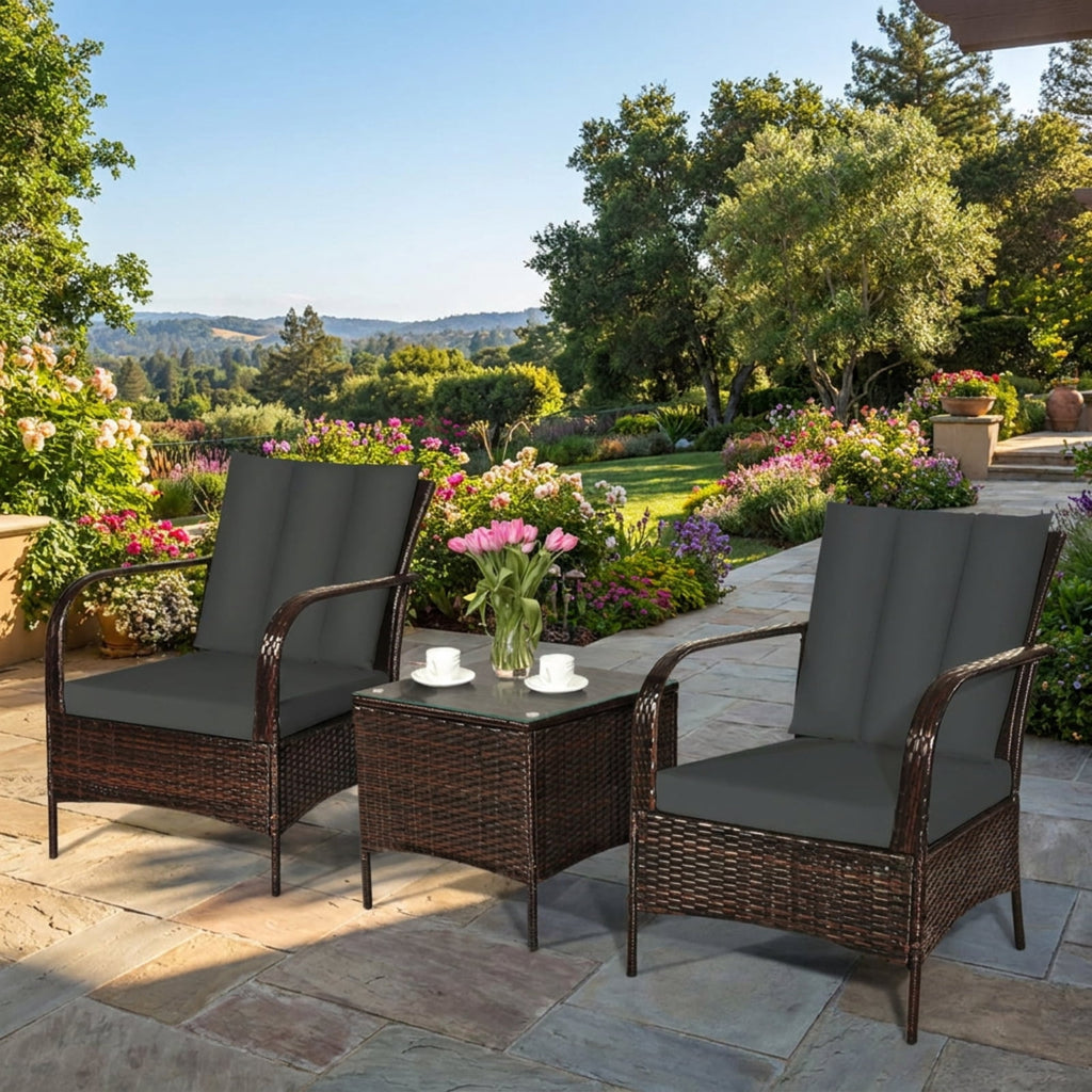 Biotree 3 Pcs Patio Conversation Rattan Furniture Set with Glass Top Coffee Table and CushionsGray