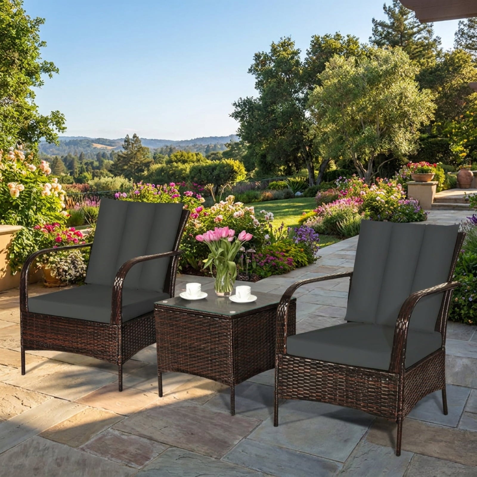 Biotree 3 Pcs Patio Conversation Rattan Furniture Set with Glass Top Coffee Table and CushionsGray