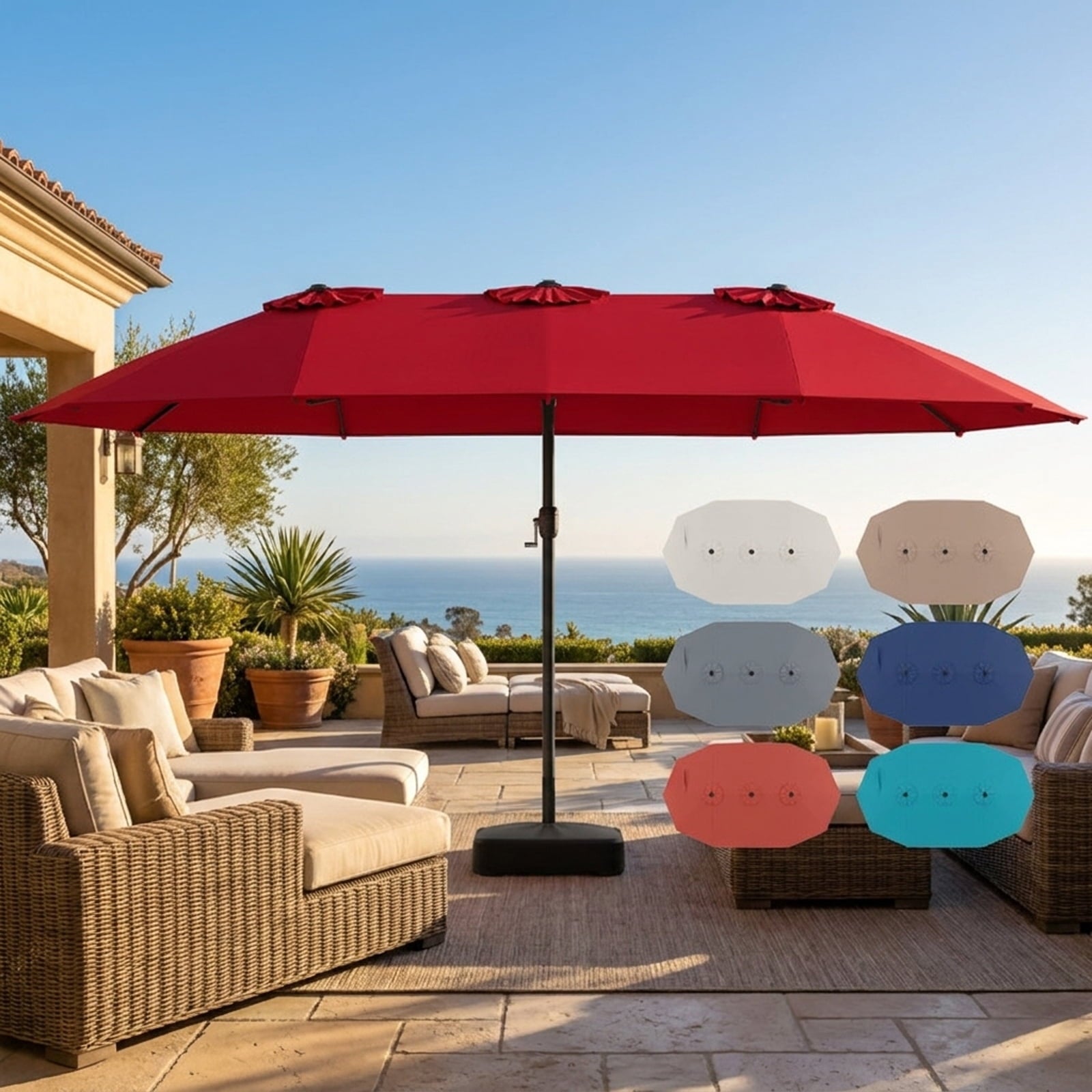 Biotree 15 ft Double-Sided Twin Patio Umbrella Crank Tilt Outdoor Shade - Red - UV Protection with Cross Base
