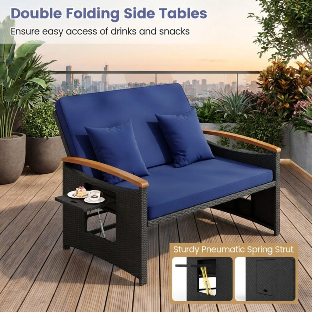 Biotree Outdoor Wicker Daybed with Folding Panels and Storage Ottoman Stackable Patio Chair for Garden BackyardDark Blue