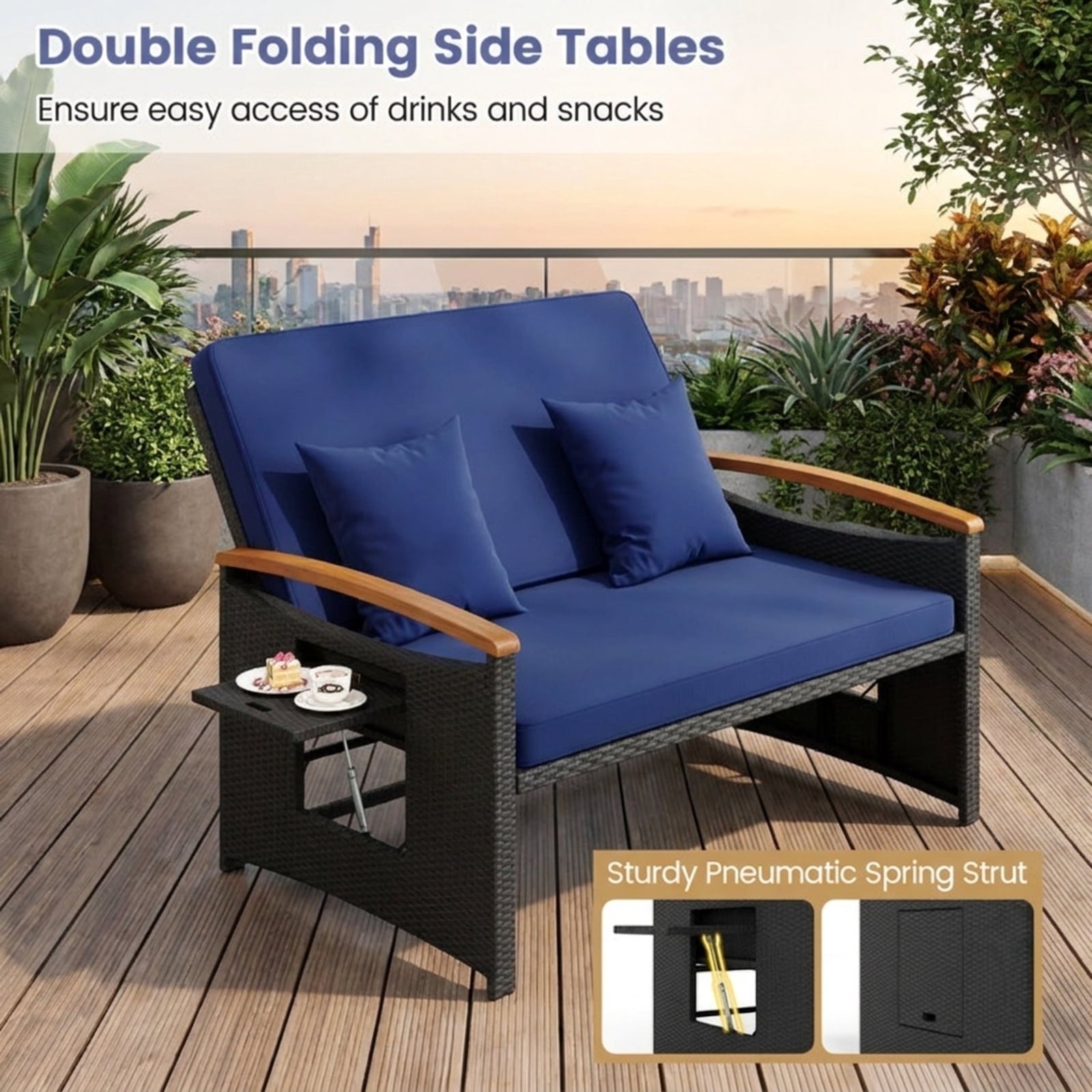Biotree Outdoor Wicker Daybed with Folding Panels and Storage Ottoman Stackable Patio Chair for Garden BackyardDark Blue