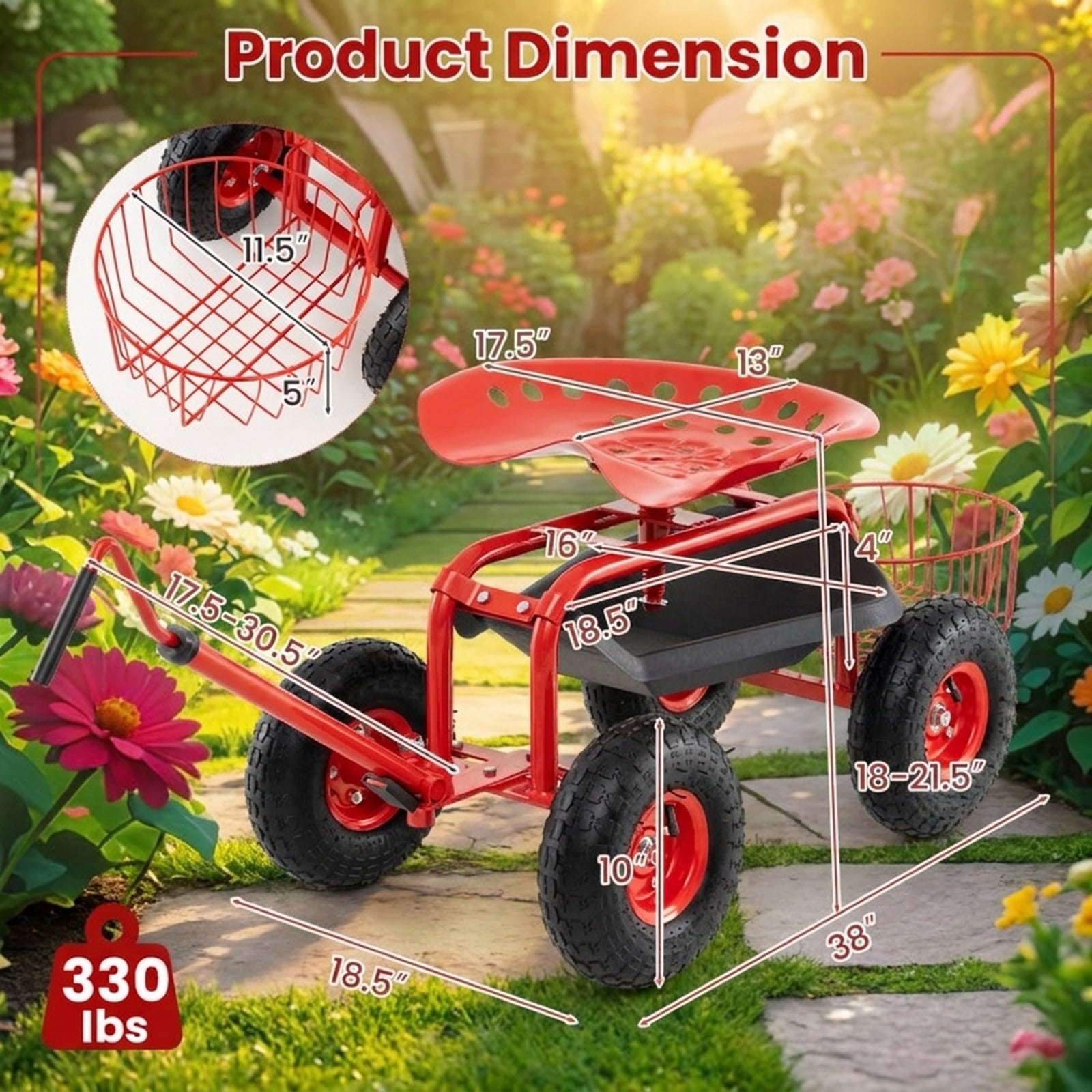 Biotree Extendable Handle Garden Cart Rolling Wagon Scooter for Garden Yard Lawn Work Outdoor, Red