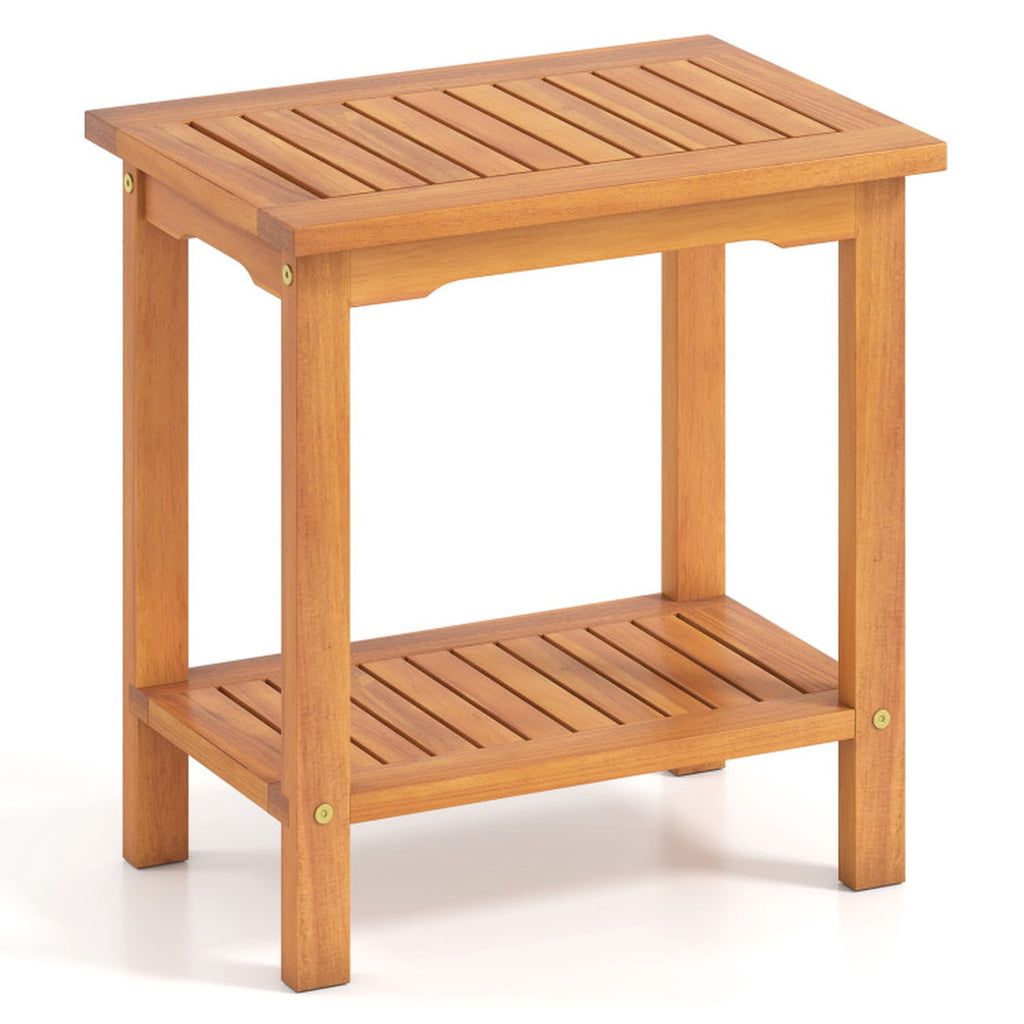 Biotree 2-Tier Outdoor Acacia Wood Side Table with Slatted Tabletop and Storage Shelf, Natural