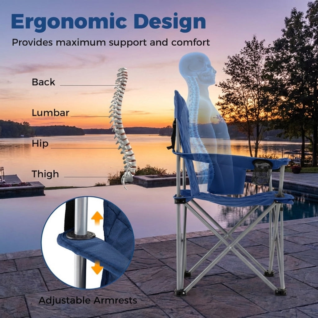 Biotree Heavy Duty Oversized Folding Camping Chair with Cooler Pouch and Cup Holder 500 lb Capacity Portable Outdoor Chair, Navy Blue