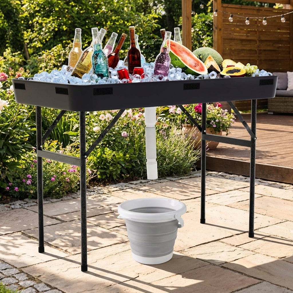 Biotree 4 Feet Folding Ice Cooler Table with Matching Skirt Portable Party Table with Built-In Ice Bin for Events, Black