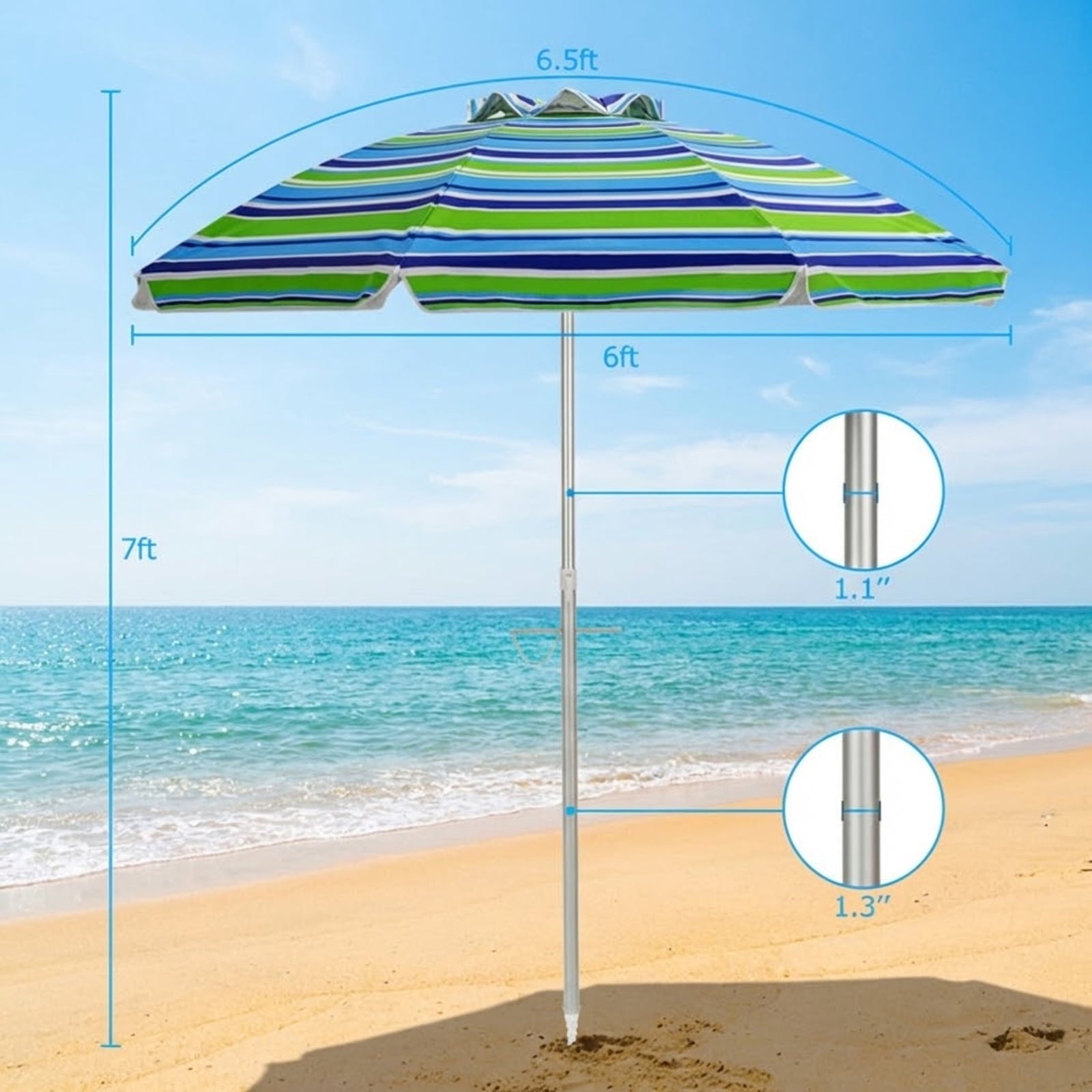 Biotree 6.5 Feet Beach Umbrella with Sun Shade and Carry Bag without Weight Base-Green - Portable Sun Shade for Beach Pool Backyard